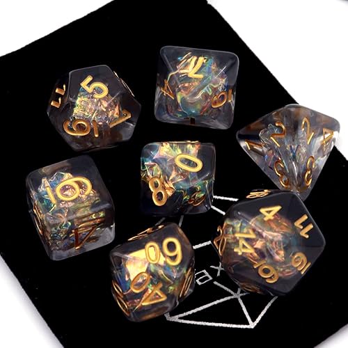 Miniatura 7 de Haxtec Juego de 7 dados DND negros rellenos de resina poliédrica D&D con inclusión de Mylar iridiscente para juegos de rol, dados de mazmorras y