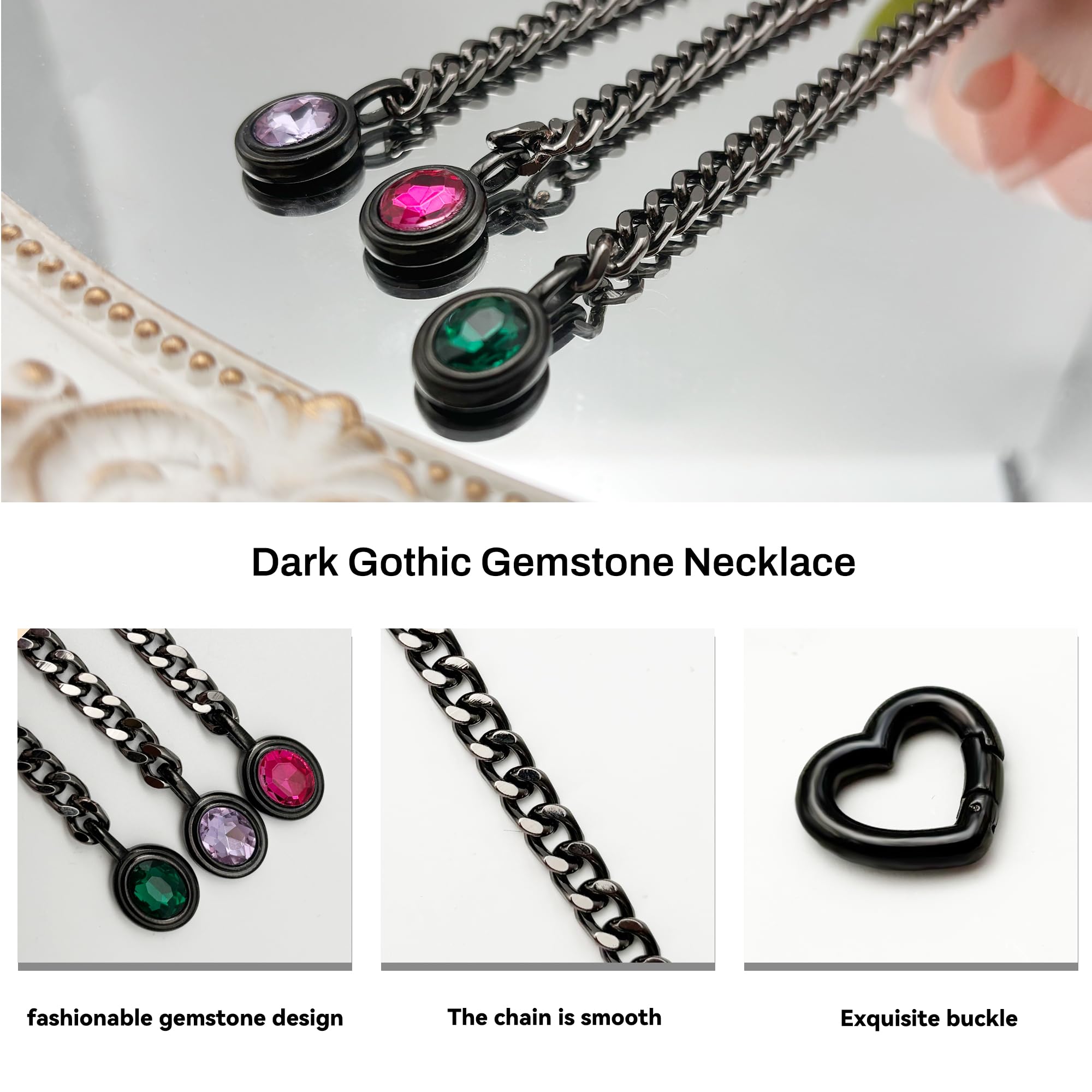 Heart Slip Chain Necklace for Women, Gold Cuban Chain with Removable Heart O-Ring, Sparkling Crystal Pendant, Adjustable Y-Necklace, Dainty Statement Jewelry.: Black-Hot Pink