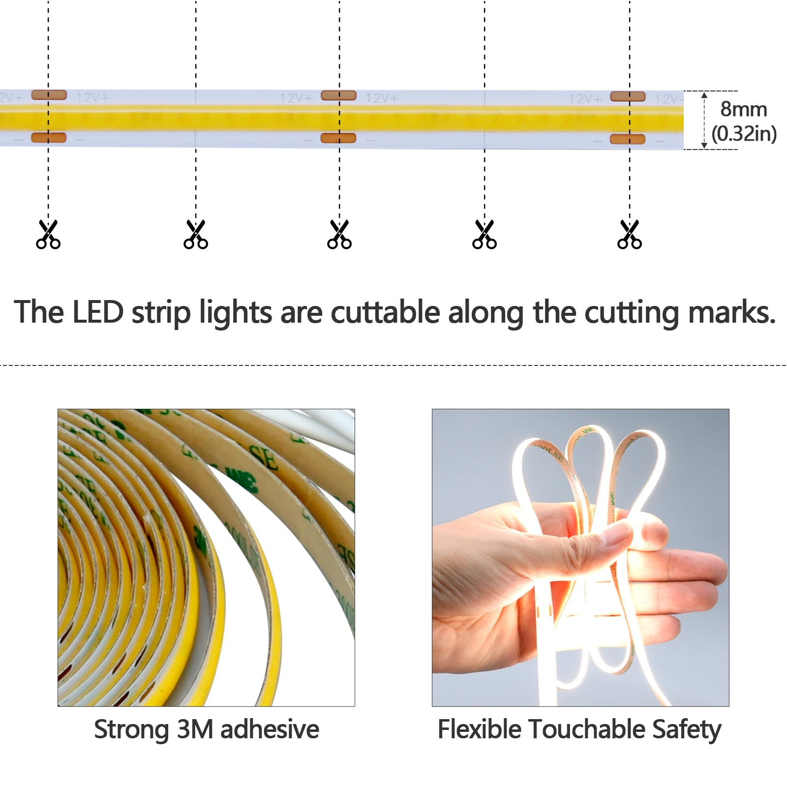 HOTUT Ruban LED COB 1M, 6 Pièces COB Bande LED 12 V Blanc Chaud En Parallèle, Avec Variateur Tactile Et à Balayage Manuel, Découpable Éclairage Pour Armoire, Vitrine, Panneaux Acoustiques
