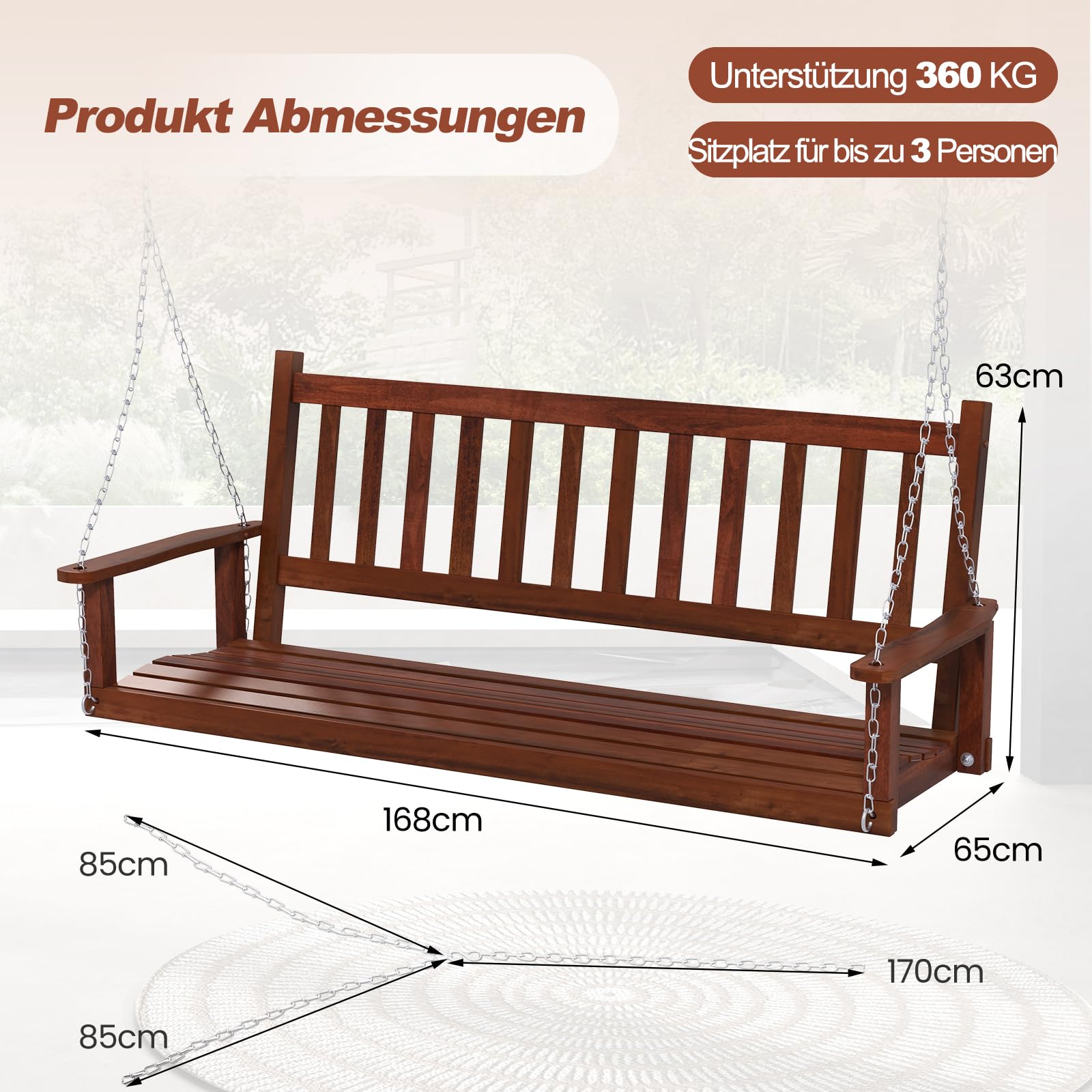 GOPLUS Hängebank, Gartenschaukel aus Pappelholz bis 227kg/360kg belastbar, Hängeschaukel mit Verstellbarer Kette, Hollywoodschaukel Schaukelbank Outdoor für Terrasse Garten Hof (3-Sitzer,Braun)