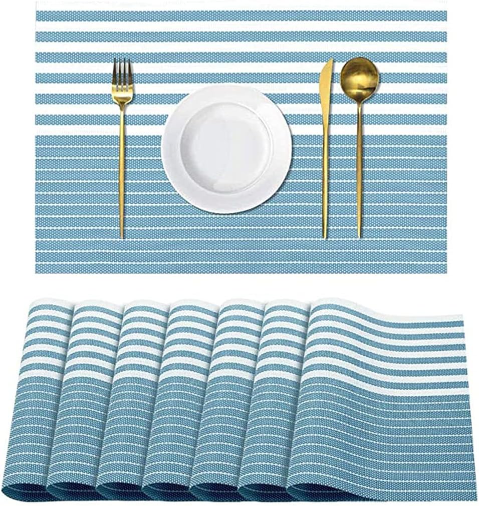 Placemat Indoor and Outdoor Cross Kitchen Table Mat 8-Piece Set Stripes(Blue)