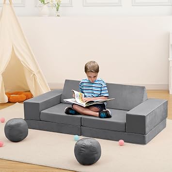 12Pcs Kids Sofa, Modular Kids Play Couch, Fold Out Kids Play Sofa Set with Balls & Tunnel, Children Convertible Sofa Soft Foam Child Sectional for Playroom Playing Sleeping Creating
