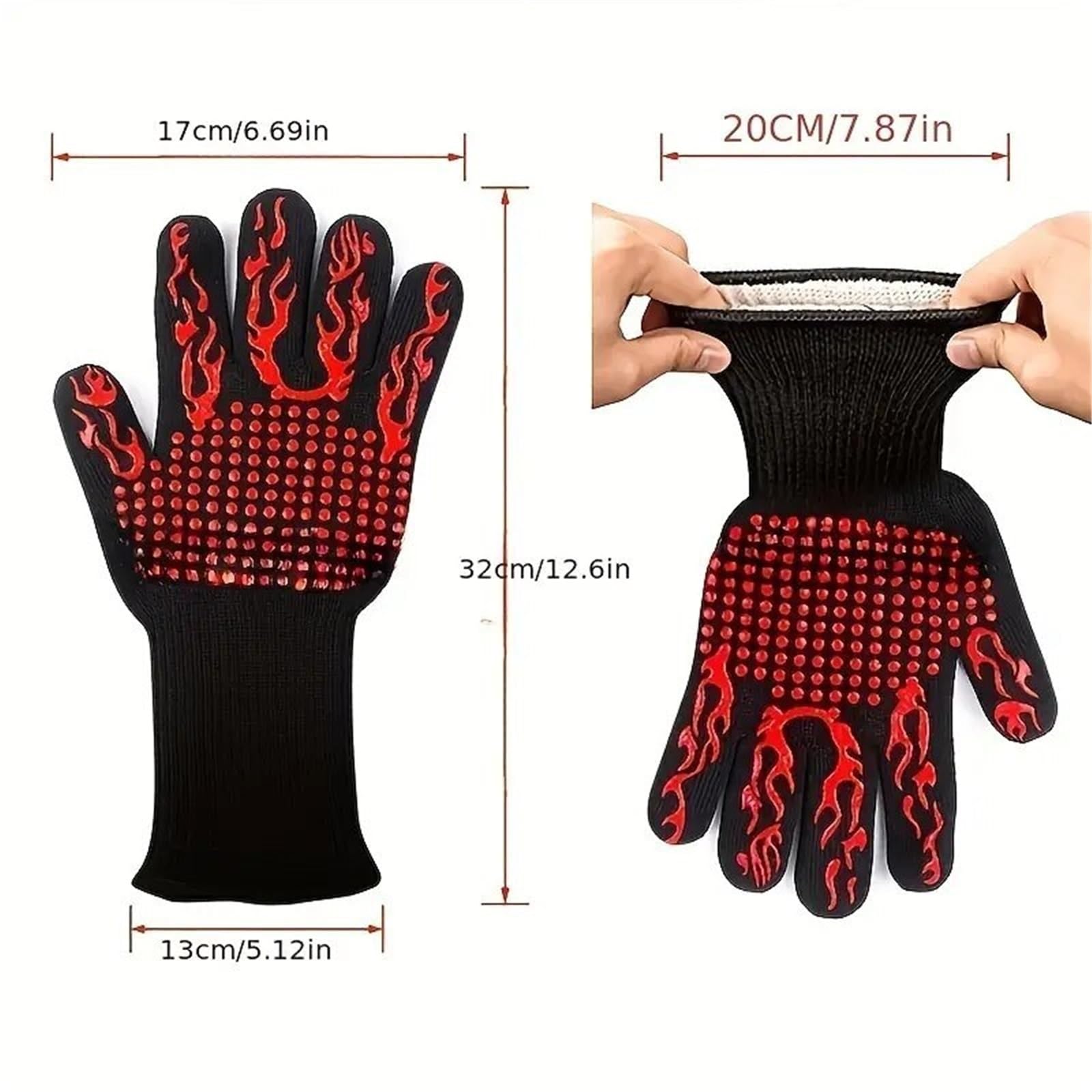 1 par de Guantes Horno Resistentes al Calor: Silicona Antideslizantes y a Cortes for Barbacoa, Cocina, Parrilla, Camping Utensilios(Red 32CM)