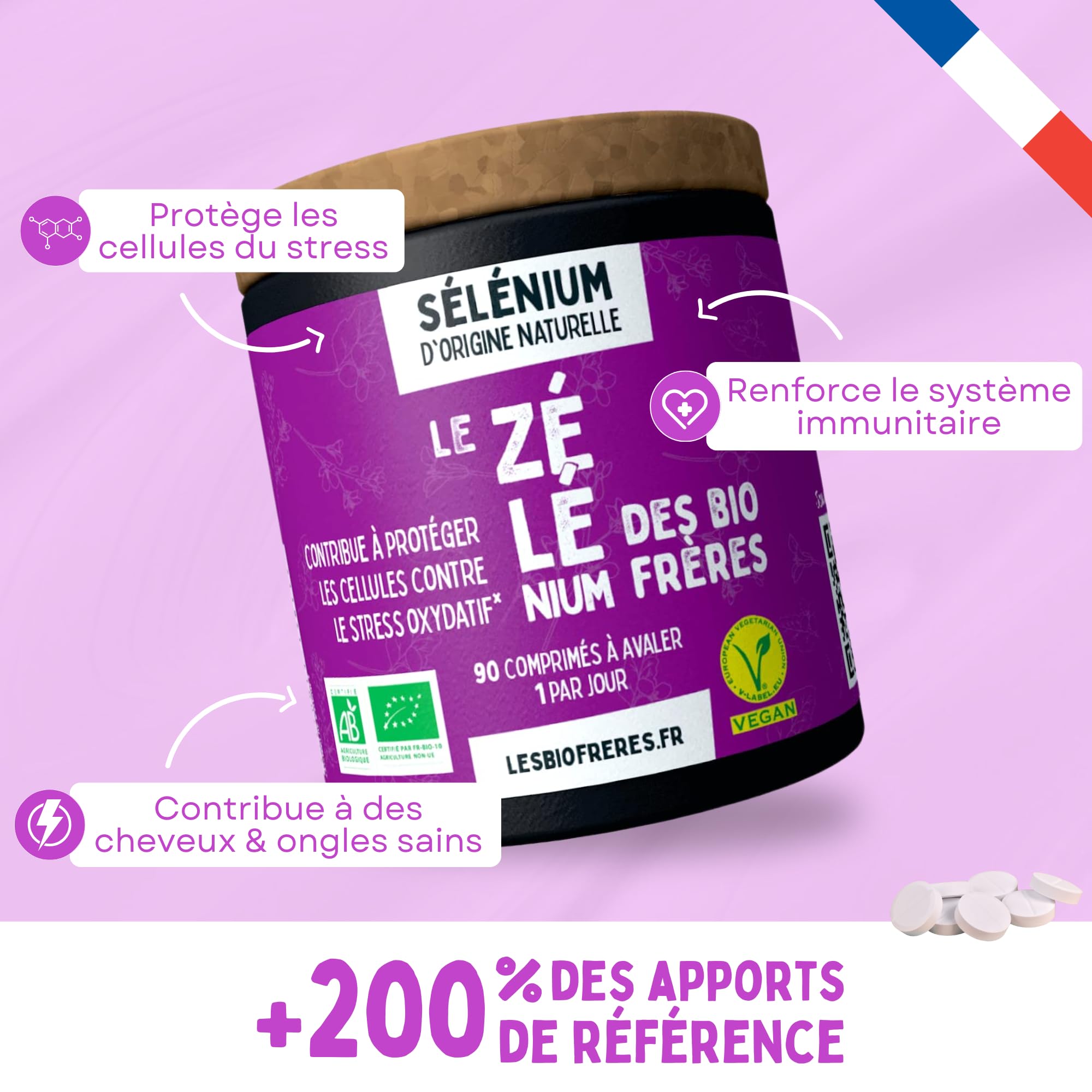 Selenium Naturel Vegan 110 µg, 200% AR - Antioxydant et Protection Cellulaire - Immunité et Peau - Cheveux et Ongles - 90 Comprimés - Fabriqué en France
