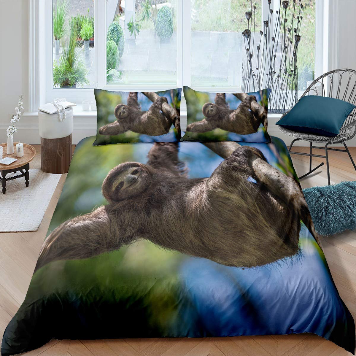 Sloth Duvet Cover Set for Kids Boys Girls Teens Cute Animal Pattern Safari Animal Wildlife Comforter Cover Gray Hypoallergenic Microfiber Bedspread Cover Decor 3Pcs Bedding With 2 Pillowcase King โ image 1