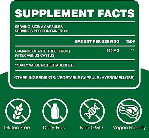 Miniatura 2 de ROOVERM 550mg Extracto de árbol casto orgánico  Vitex Agnus Castus Fruit, suplemento de hierbas para mujeres, sin OMG, sin gluten, 60 cápsulas