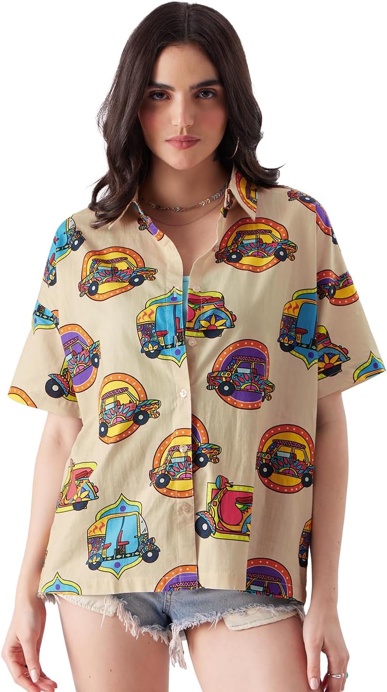 TSS Originals: Desi Paintwork Womens Loose Fit Graphic Printed Half Sleeve Cotton Pink Women Summer Shirts