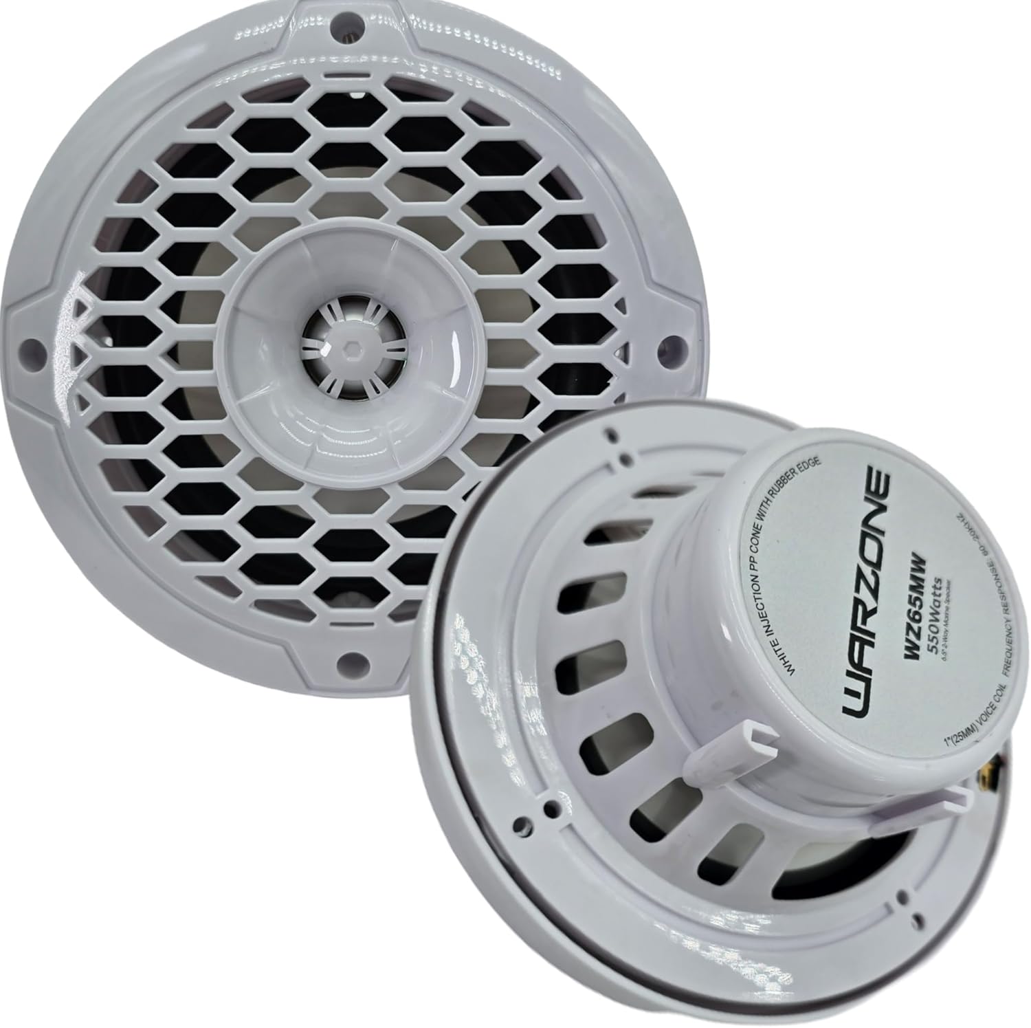 Warzone WZ65MW 6.5-Inch 2-Way Marine Speaker, 550W Max, 4 Ohms, 12oz Magnet, White Injection Cone with Rubber Edge for Boats and Outdoor Audio (2 Speakers)