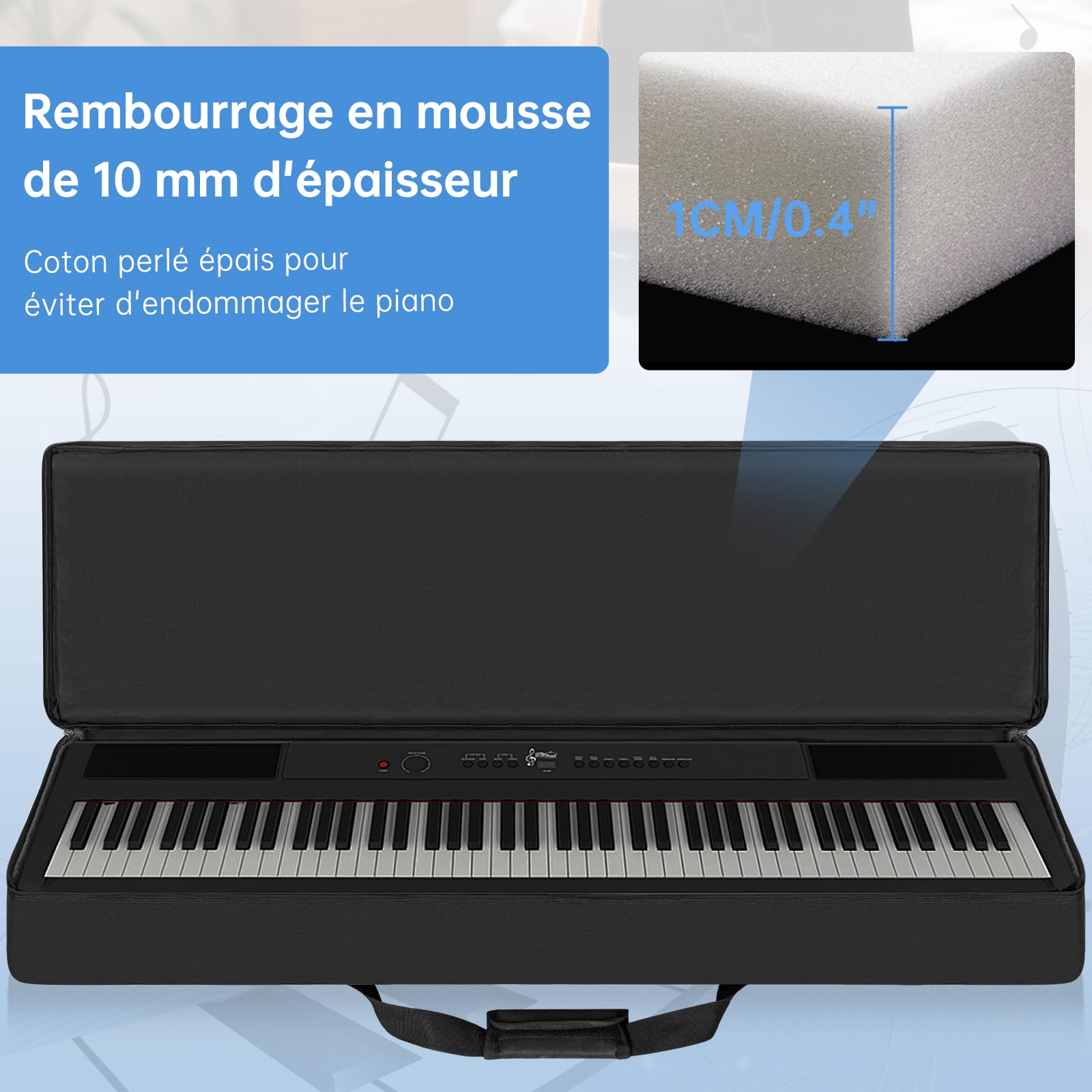 OUUTMEE Housse pour Clavier 88 Touches, Sac pour Clavier 88 Touches en Tissu Oxford 600D, Sac de Transport pour Clavier Piano Électrique 10MM Rembourré avec Poignées et Bandoulière Réglable (Noir)
