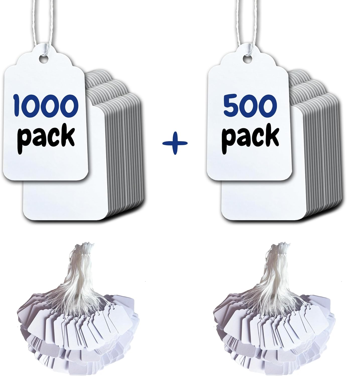 Easytwelve - 1500 Pcs White Price Tags with String Attached, Price Labels, Display Tags, Strung Tags, Hang Tags for Product, JeweJewelry, Clothing,Yard Sale, Garage Supplies, Pricing 1.75 x 1.093 inch