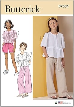 Butterick B7034A Girls' Boxy Fit Top, Pull-on Shorts, Pull-on Pants and Sash Sewing Pattern Packet, Design Code B7034, Sizes 7-8-10-12-14