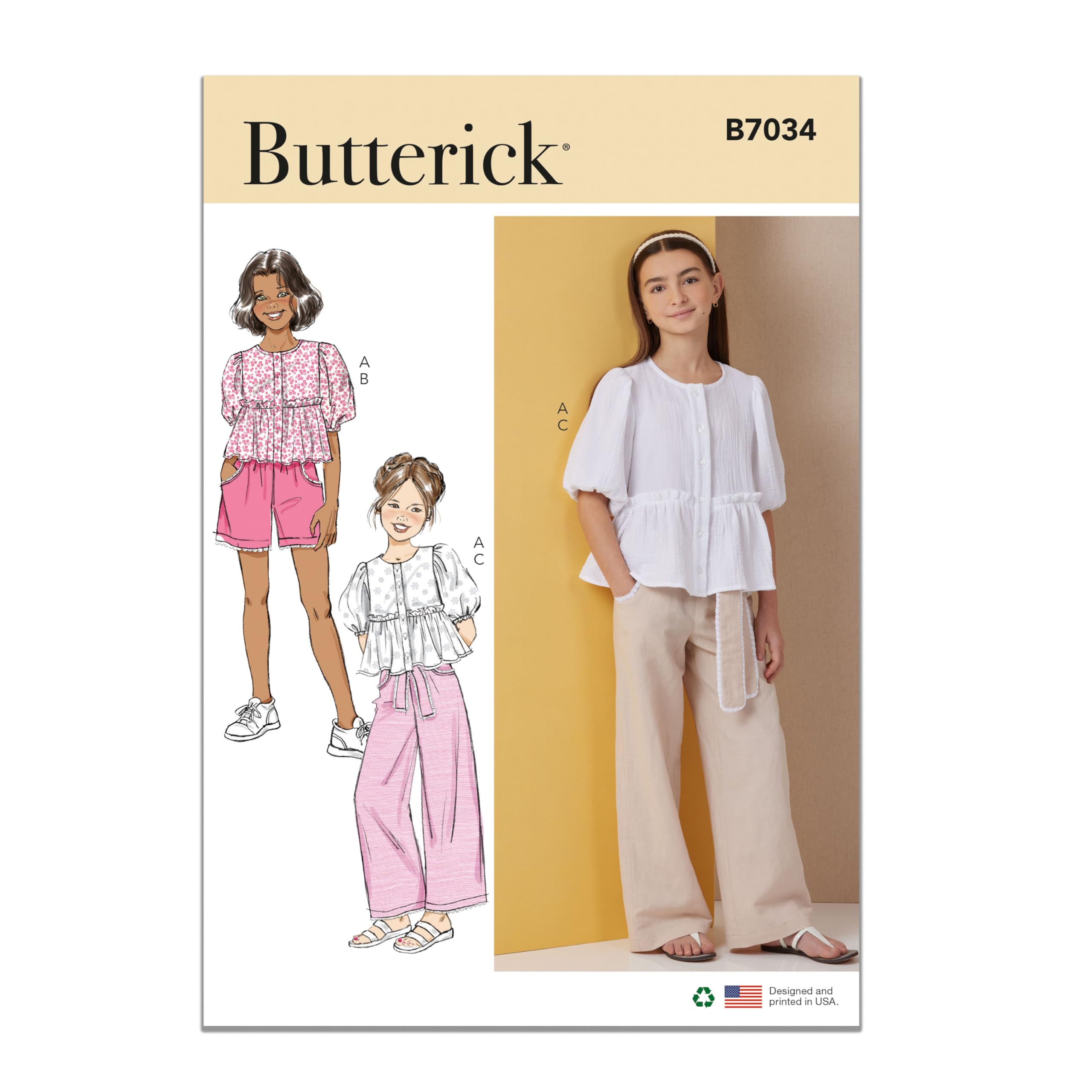 BUTTERICK Sewing Pattern B7034A Girls' Top, Shorts, Trousers and Sash A (7-8-10-12-14)