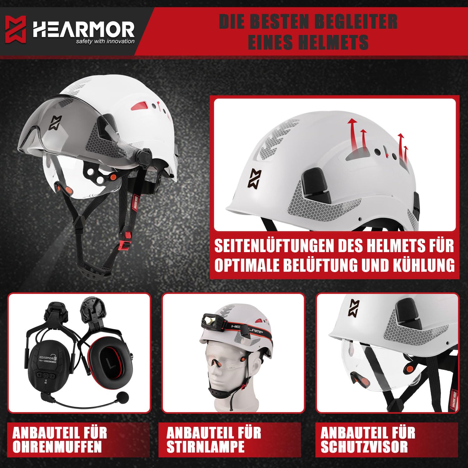 HEARMOR Sicherheitshelm EN397 Geprüft Hochfestes ABS-Material, Doppelvisier für schnelle Hell/Dunkel-Szenenwechsel, Leicht Ideal für Industrie, Baugewerbe Arbeitshelm, Schutzausrüstung
