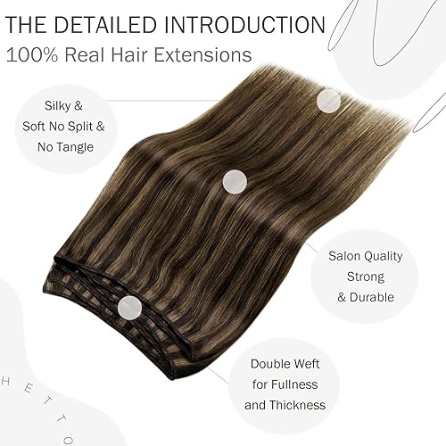 Miniatura 3 de Hetto Extensiones de cabello humano color marrón ceniza #28 con reflejos de trama #28, extensiones de cabello humano, 3.53 oz, 20 pulgadas,
