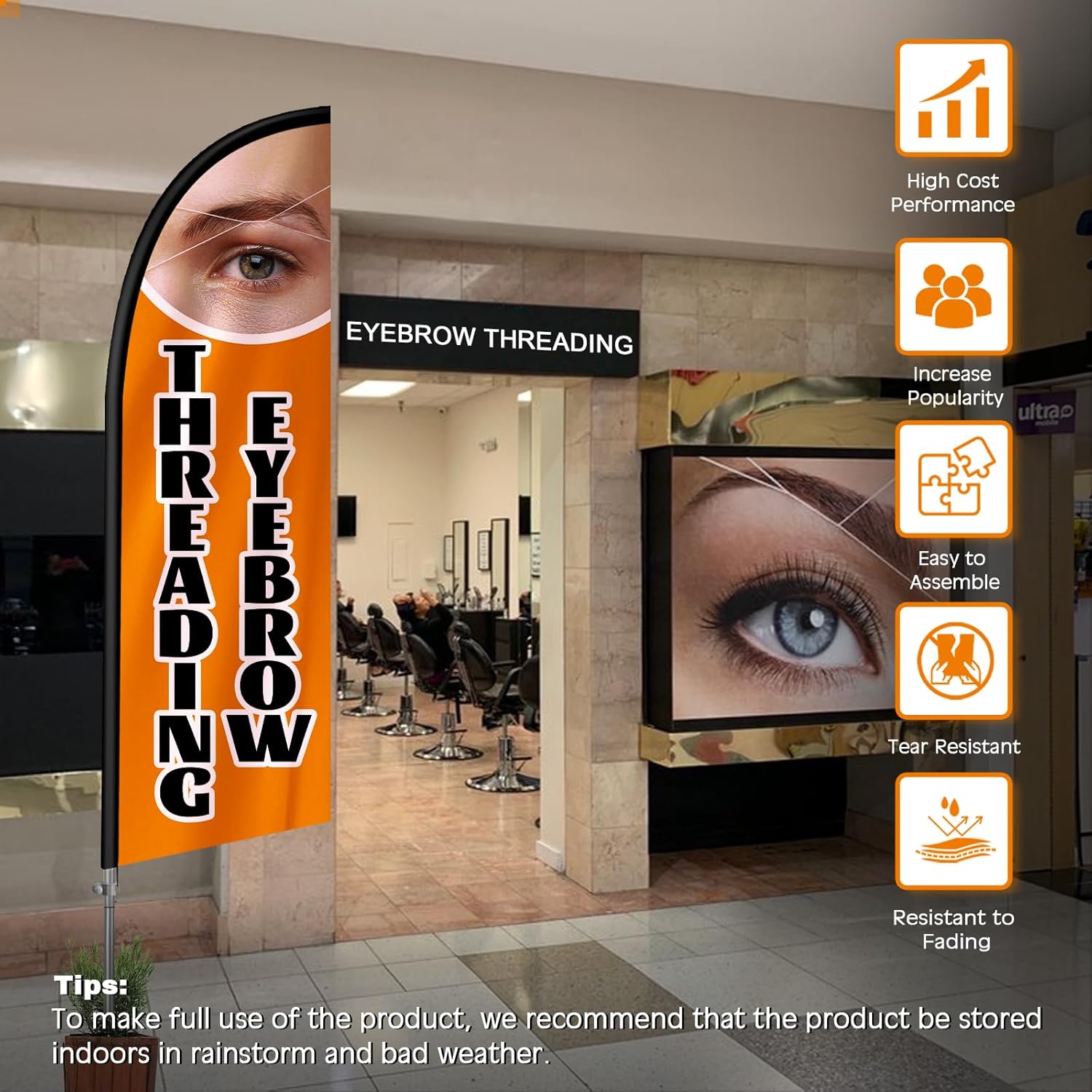 Eyebrow Threading Flag for Business, Eyebrow Threading Signs, 8FT Polyester Advertising Swooper Flag with Aluminium Alloy Flag Pole Kit, Stainless Steel, Ground Spike, Portable Bag