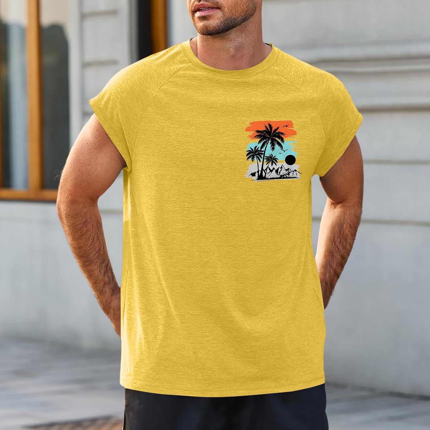 Mens Tank Tops Graphic Casual Palm Tree Print Sleeveless Shirts Crew Neck Tops Beach Vacation Cut Off Tee for Summer