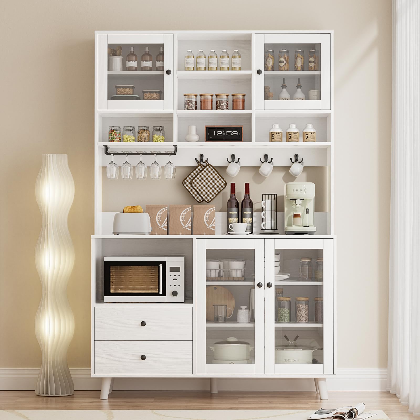 VOWNER Kitchen Hutch Storage Cabinet Microwave Shelf, Freestanding Pantry with 4 Glass Doors and 2 Drawers, Modern Sideboard Buffet Cabinet for