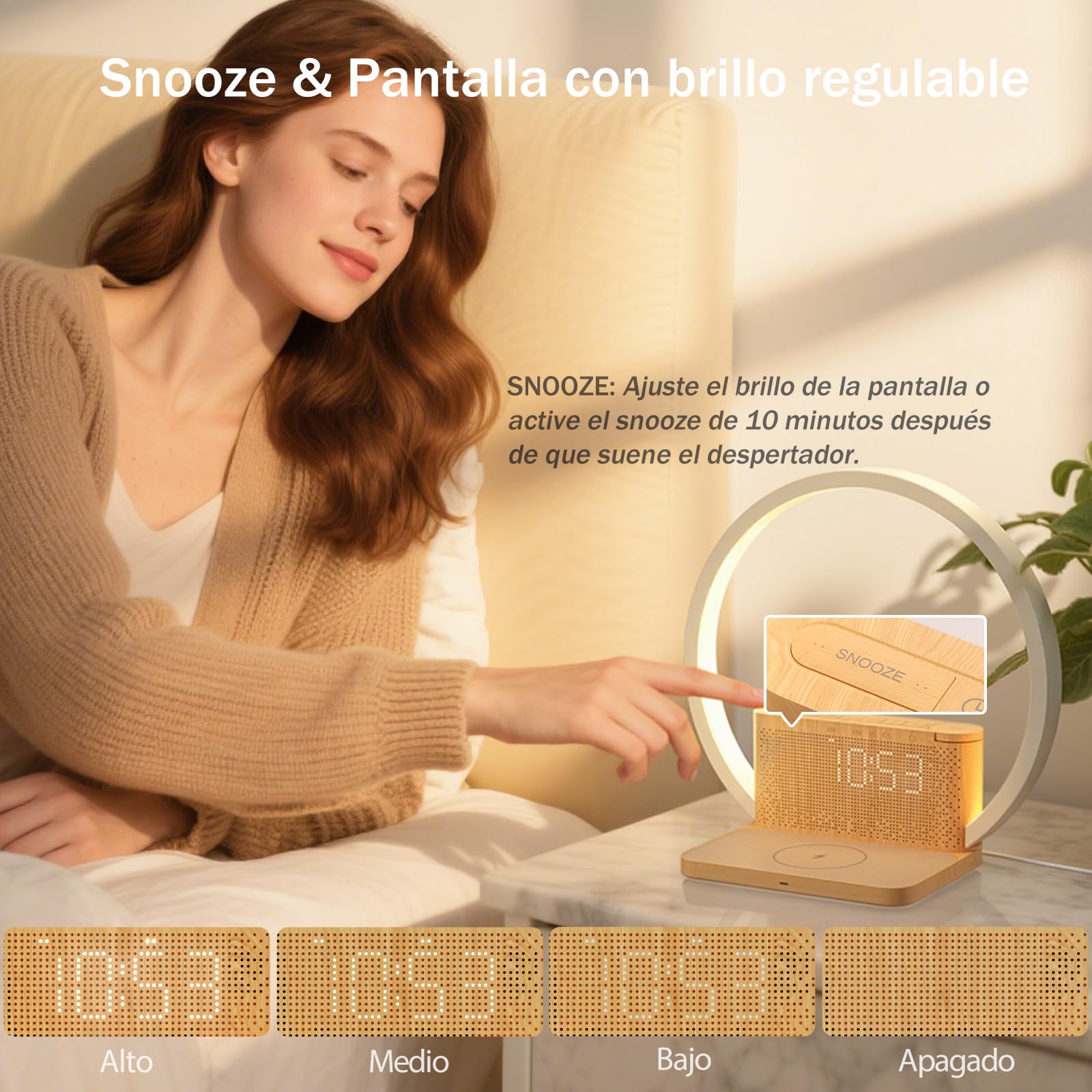 blonbar Lámpara de Mesita con Carga Inalámbrica y Despertador de Amanecer | Despertador con Luz,Regulador táctil 3 niveles de brillo,Sonidos Naturales,Snooze, apto para dormitorio y escritorio