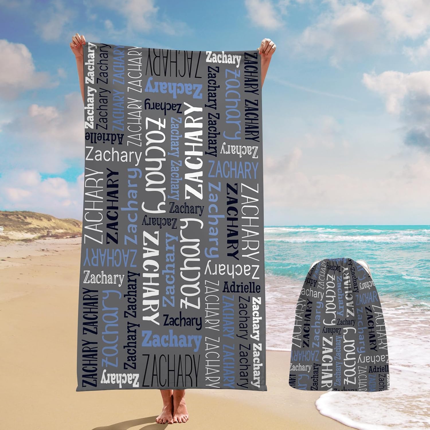 Personalized Beach Towel with Bag - Custom Oversized Soft Lightweight Absorbent Microfiber Bath Pool Towels with Multi-Fonts Name Design for Baby Kids Adults Boys Girls Gifts Color09
