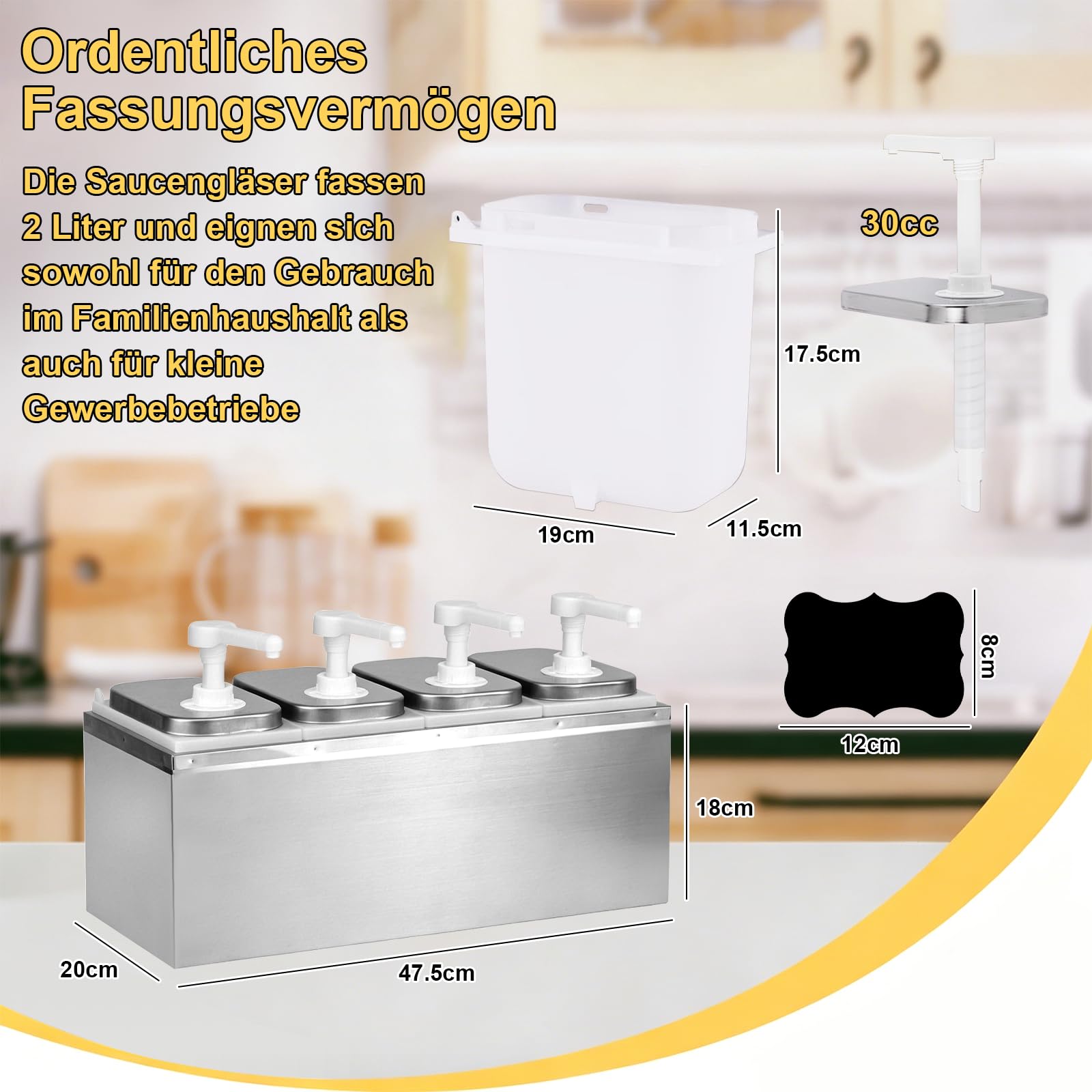 8L Ketchup Spender, Saucenspender mit 4 Pumpen, 8 Etiketten, Abnehmbar, Edelstahl-Gewürzpumpstation Küchensoßenspender, Salat Marmeladen Gewürz Gewürz Quetschpumpenbehälter für Küche und Restaurant
