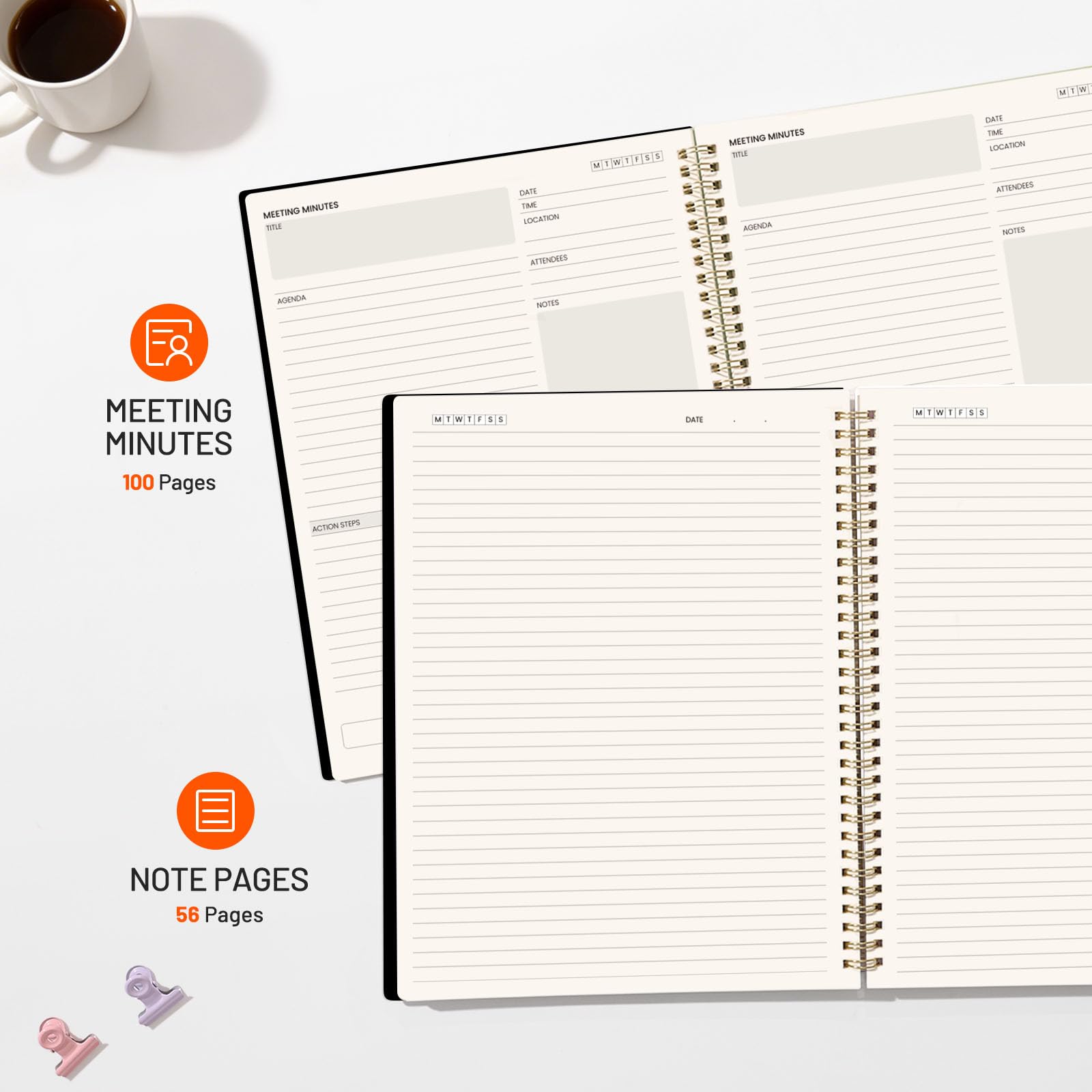 SUNEE Quaderno per riunioni per lavoro con oggetti di azione, 240 pagine, formato A4, agenda per riunioni, agenda e minuti per donne, uomini, appunti, ufficio, affari, 21,5 x 28,9 cm, nero