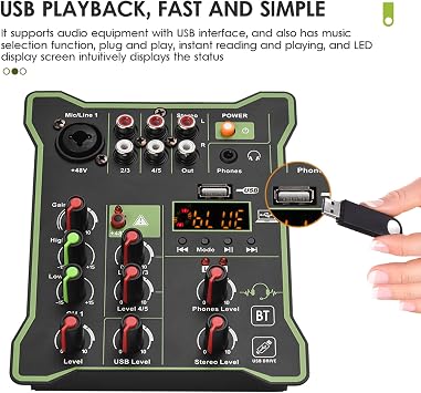 tuner,5-Channel Compact Audio Mixer Sound Mixing Console 48V Phantom Power USB Audio Interface LED Display Built-in Reverb Effect BT Function for DJ Recording Live Broadcast Karaoke,5-channel m