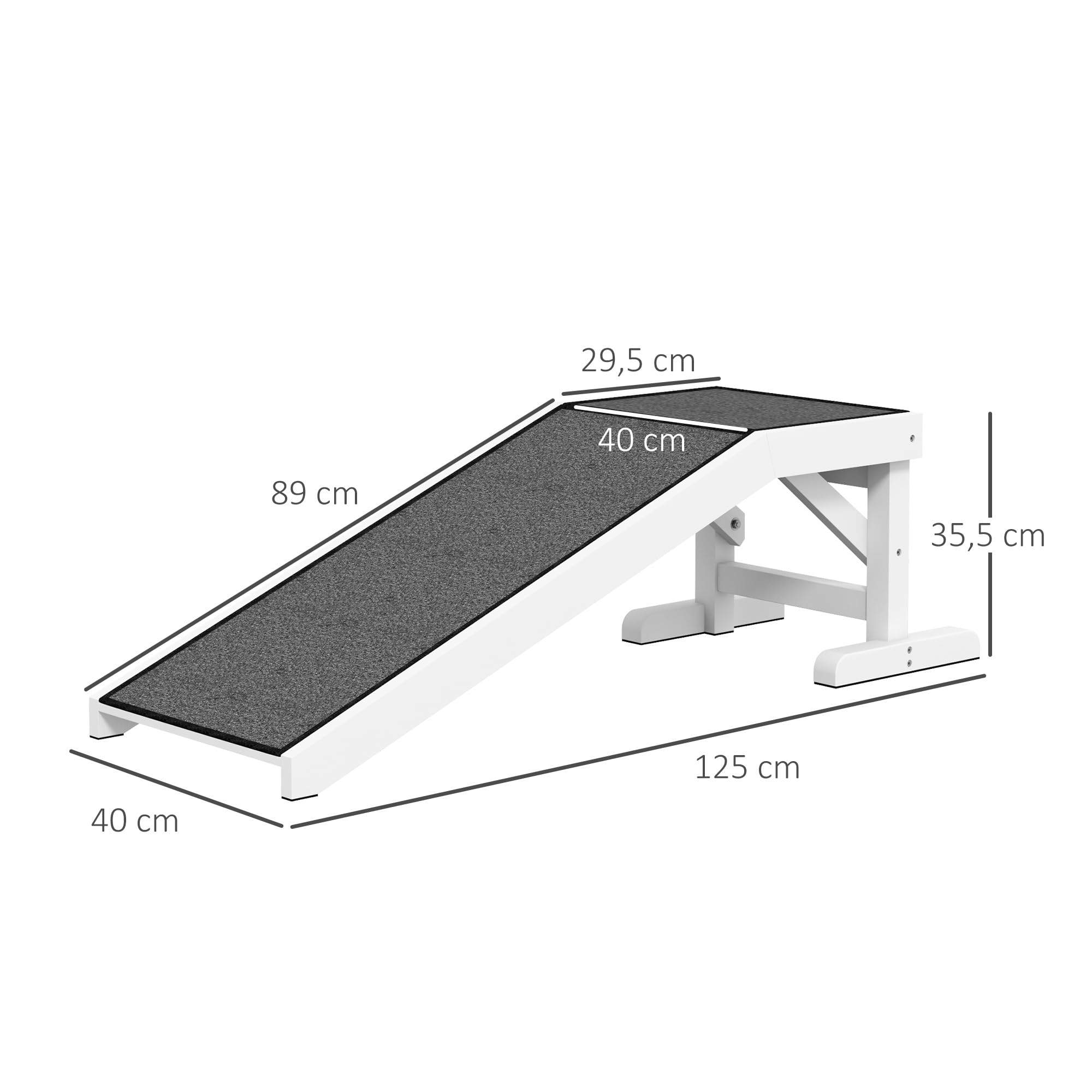 PawHut Rampa Perros de Madera para Cama/Sofá 125x40x35,5 cm Blanco y Gris | Rampa para Mascotas, Alfombra Antideslizante, para Perros Pequeños Medianos y Grandes, 125x40x35,5 cm