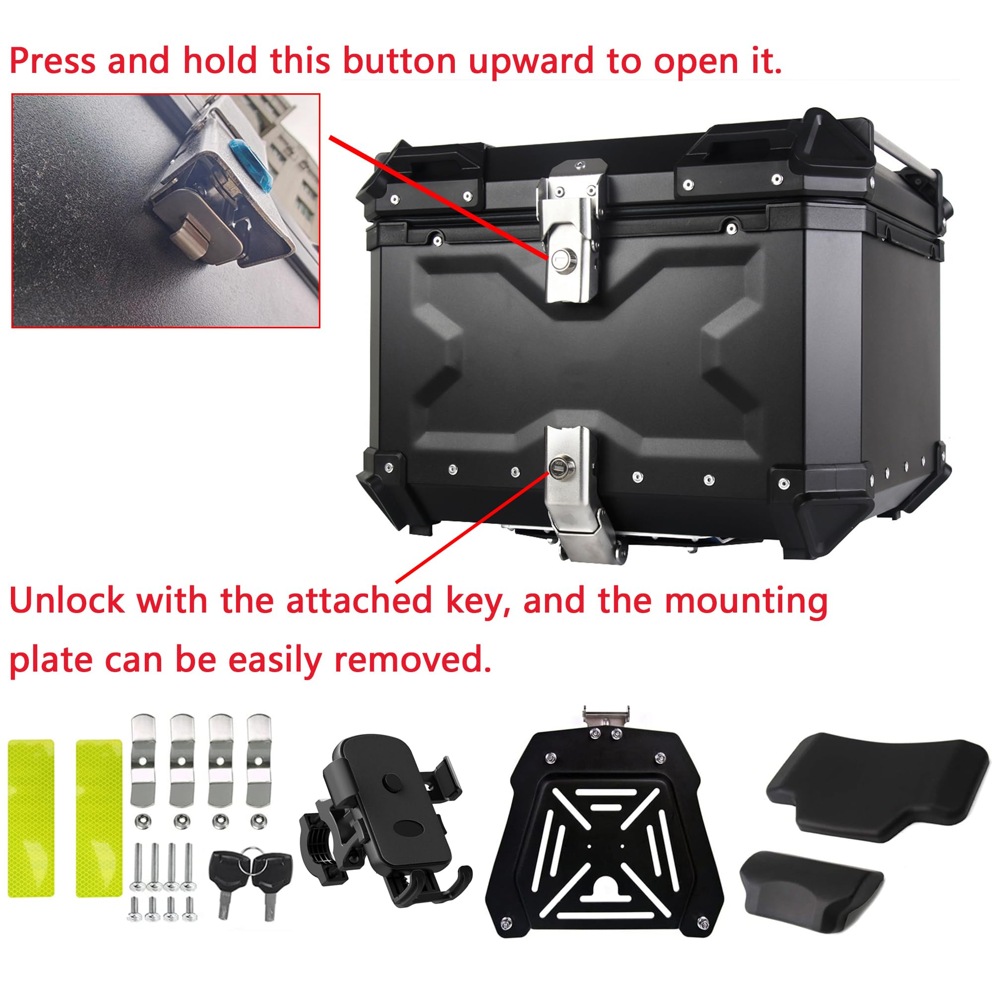 Maletero de aluminio para almacenamiento de equipaje de motocicleta (negro, 45 L)