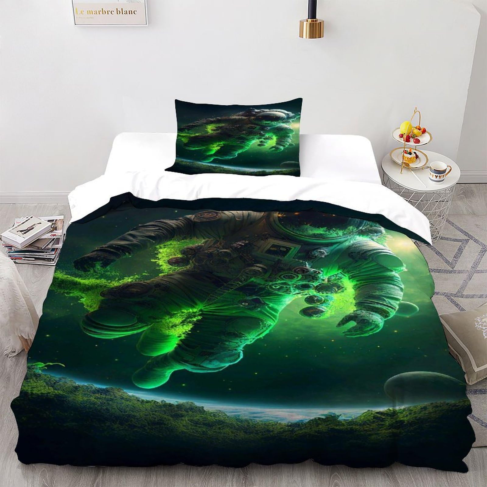 Parure de couette verte astronaute microfibre douce lit simple 135x200cm