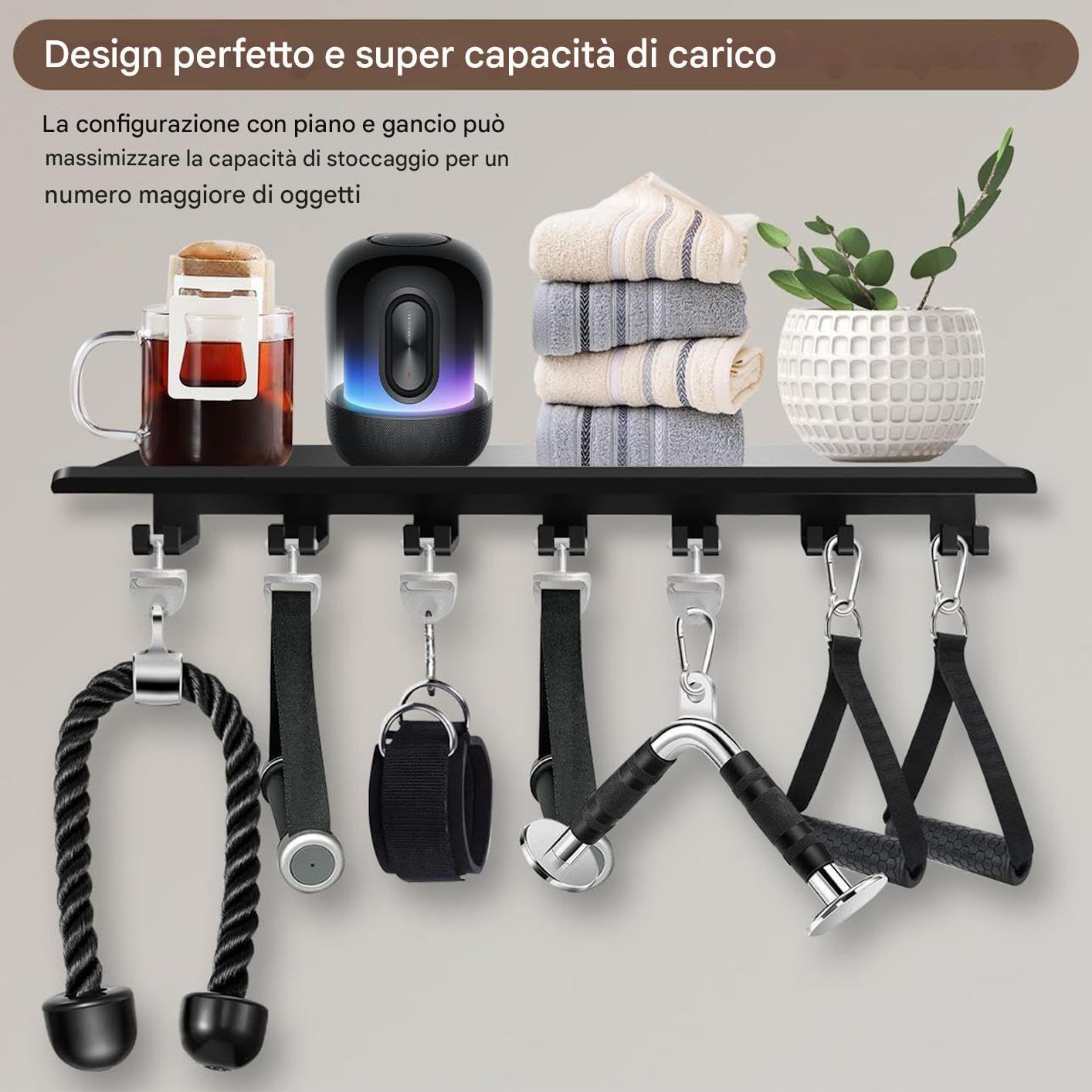 Wall Shelf - Adjustable Storage Rack Organizer, Heavy Duty Holder Bracket Mount, Space Saving Multipurpose Hanger, Secure Support System for Workout Fitness Home Gym, Wall Organizer, Black