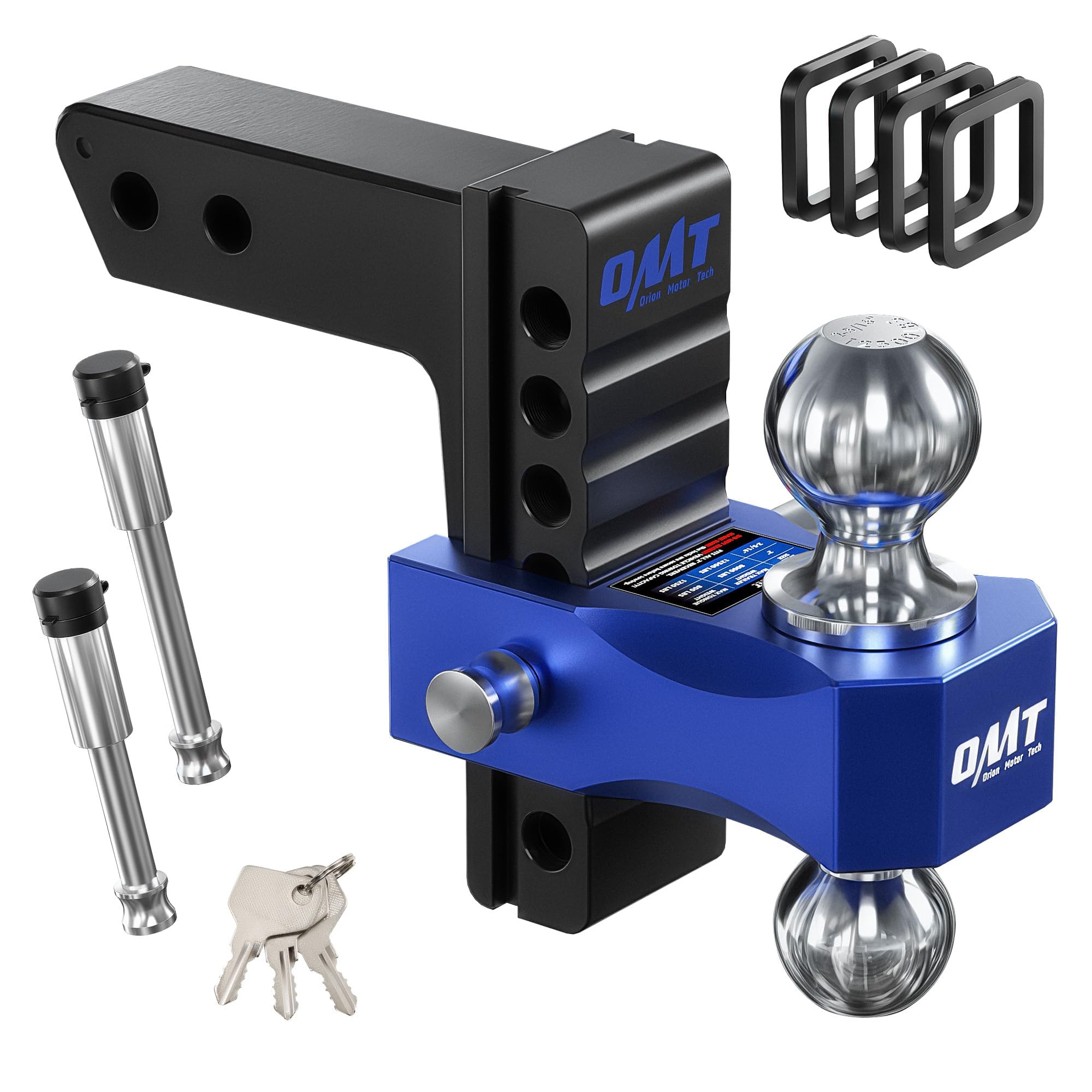 Orion Motor Tech Adjustable Trailer Hitch, Fits 2 in Receiver 6 in Drop & Rise Hitch, 12500 LBS GTW, Class 3, 4 Hitch, Heavy Duty Aluminum Drop Hitch for Truck with Three Anti-Theft Locking Hitch Pins