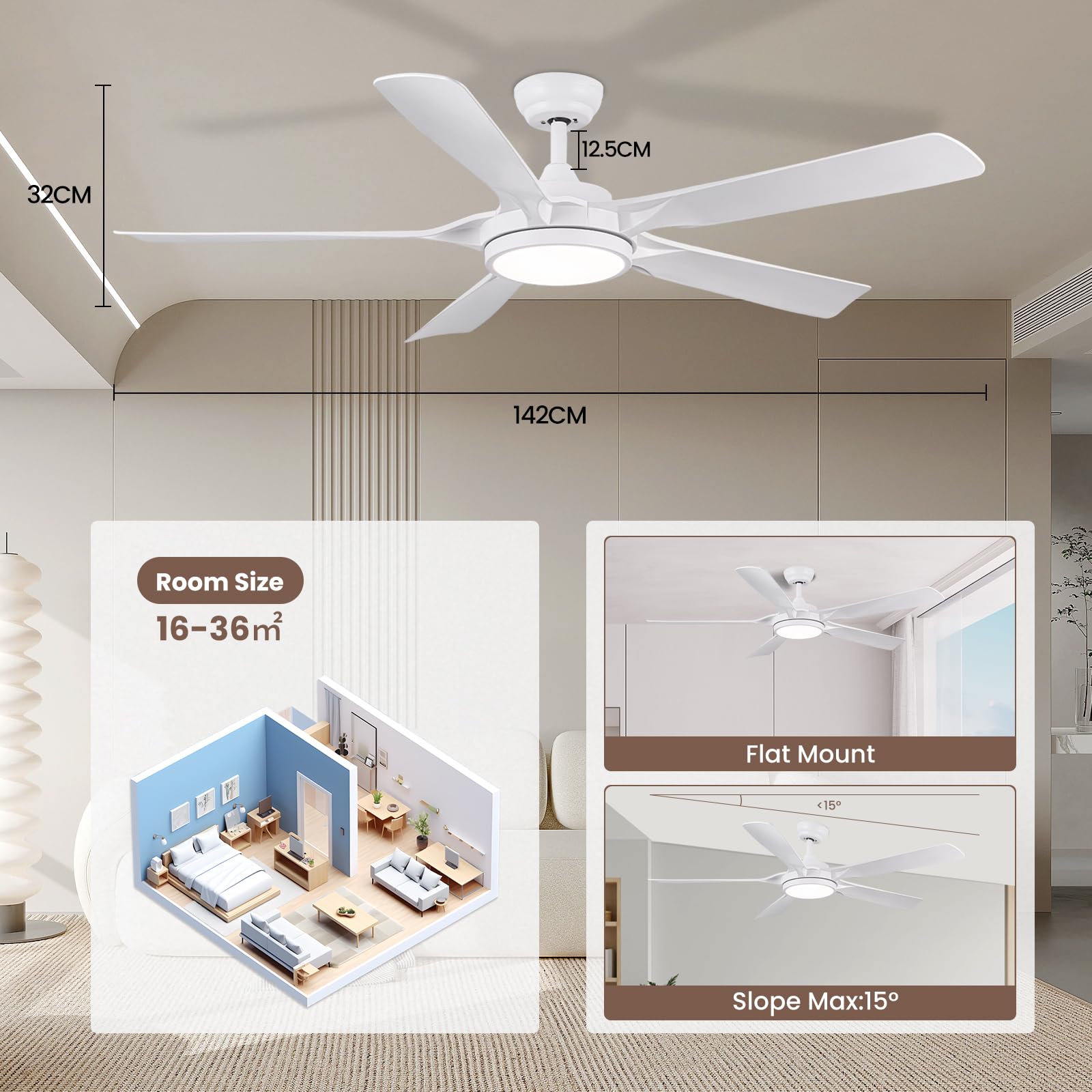 Newday 142cm Grande Ventilador de Techo Blanco con Luz Dimmer, Mando a Distancia Silencioso, 5 aspas, Motor DC, 6 Velocidades Función de Memoria, 3 Temporizador para Dormitorio Sala de Estar Cocina