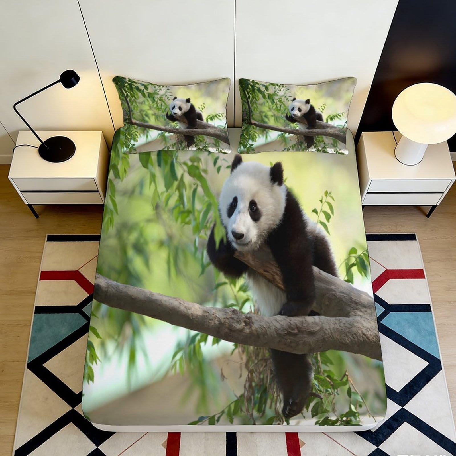 3D Printed Panda Bear Fitted Sheet Microfiber Soft Breathable Bamboo Forest Bed Sheet for Bedroom Dormitory Guest Room Mattress Protection Decor 140x200x25cm