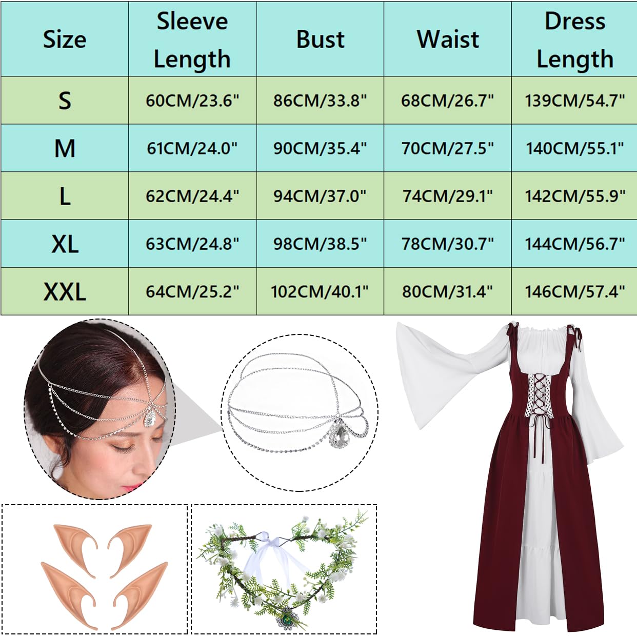 FOVER Ropa gótica para mujer, vestido medieval renacentista, mangas de trompeta, vintage, vestido de carnaval, disfraz de pirata, cosplay, traje con cabeza, cadena de flores, orejas de elfo,