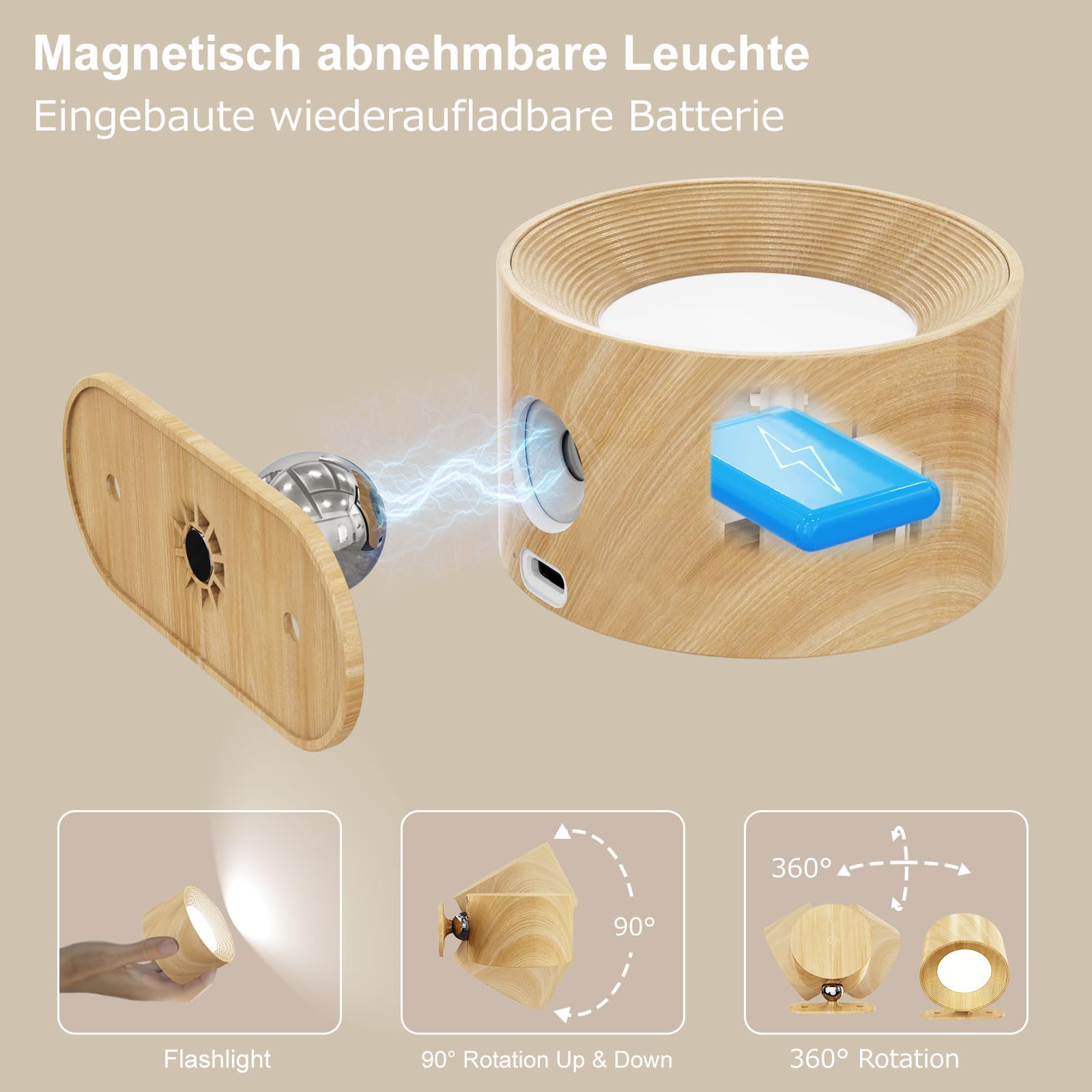 Feallive LED Wandleuchte Innen, Wandlampe mit Akku 2 Stück,Touch Control 3 Helligkeitsstufen, 360° drehbare, für Wohnzimmer Schlafzimmer TreppenhausFlur kabellose wandleuchten Holzmaserung