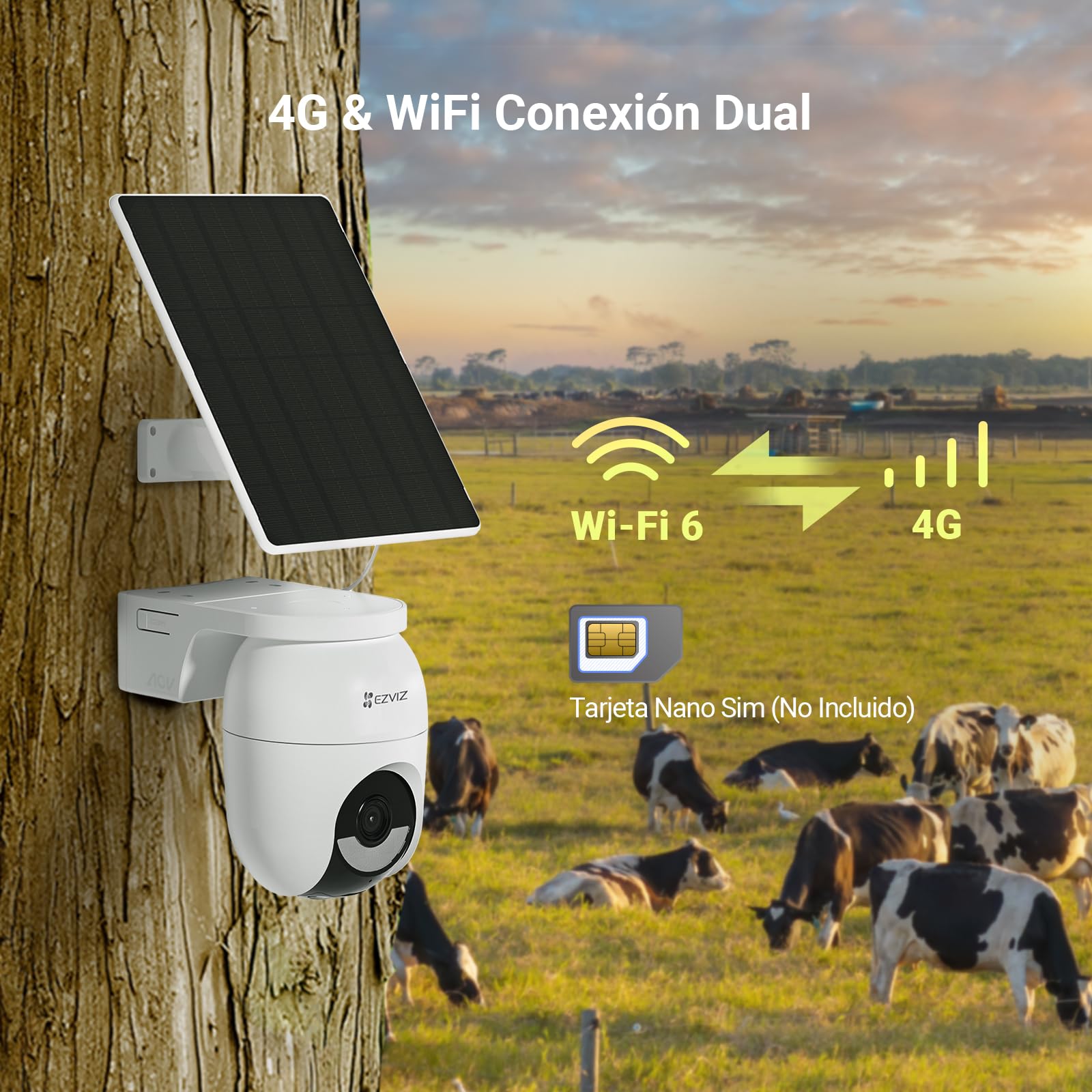 EZVIZ 4G WiFi Camara Vigilancia Exterior con Batería Solar 4MP, 360° PTZ con AOV, Detección de Persona/Vehículo, Visión Nocturna, Defensa Activa, CB8 Lite 4G+Panel Solar 5W (NO SIM)