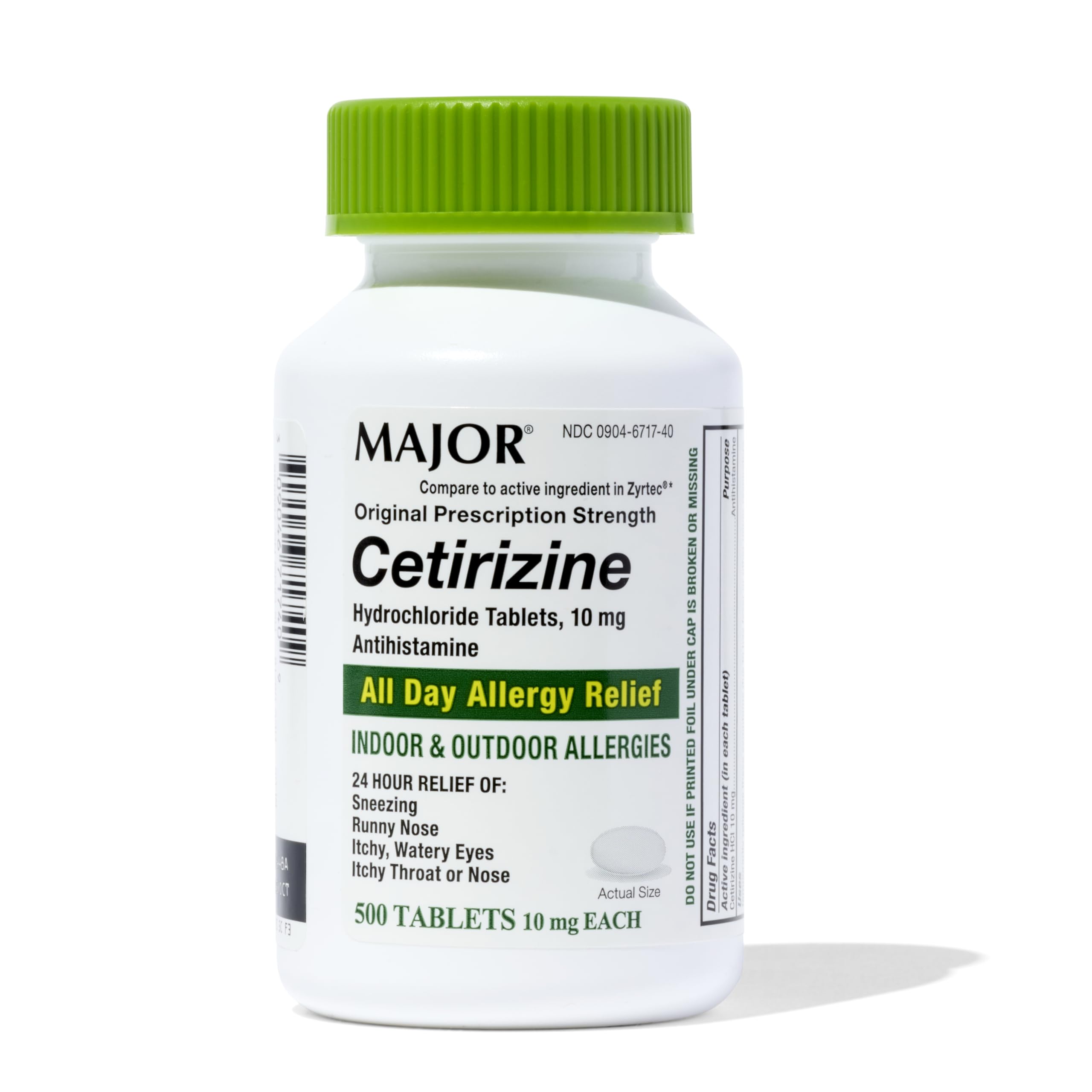 MAJOR Cetirizine Hydrochloride Tablets 10 mg - Antihistamine for Indoor and Outdoor Allergies - 24-Hour Allergy Relief from The Symptoms of Hay Fever and Upper Respiratory Allergies - 500 Count