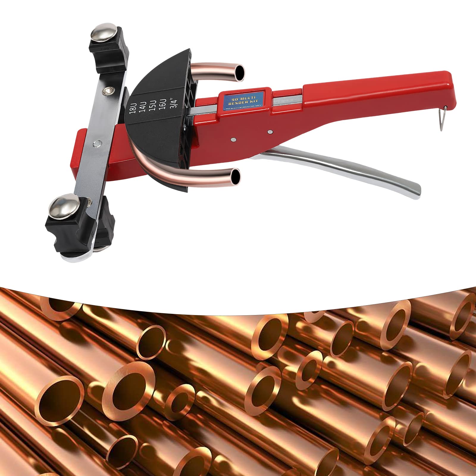 Piegatubi 6 – 22 mm, piegatubi con raggio di curvatura fino a 90° e 7 diverse teste di piegatura per tubi in rame, tubi in alluminio, tubi in acciaio inox a pareti sottili