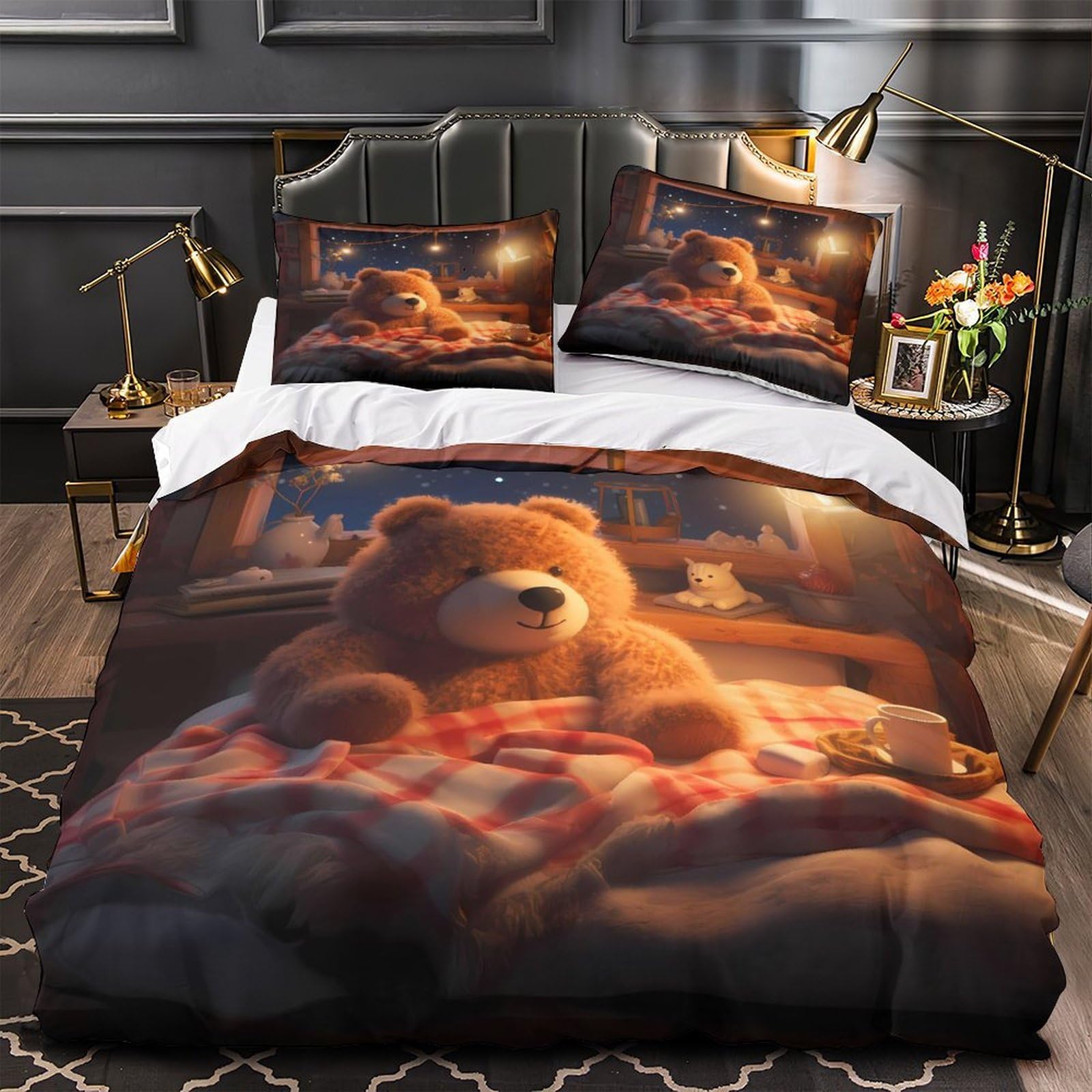 Parure de lit 3D ours en peluche 135x200cm avec housse de couette zippée hypoallergénique en microfibre