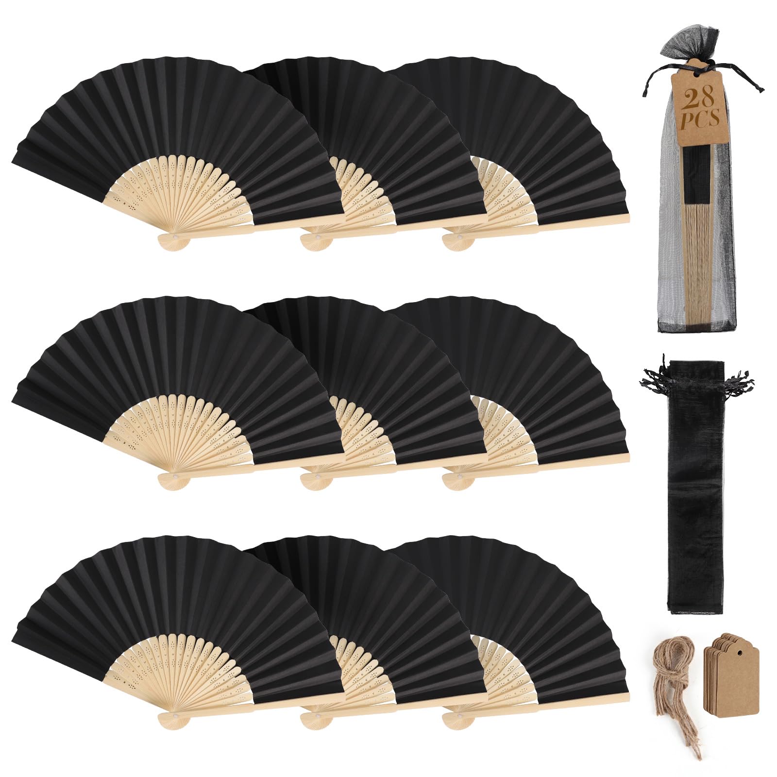 SWAWIS 28 Pièces Eventails en Papier Noir, Éventails Pliants Pliable avce 30 Sacs en Organza & Cartes de Remerciement, Éventail Mariage pour Baptêmes Décorations de Fêtes DIY, Eventail