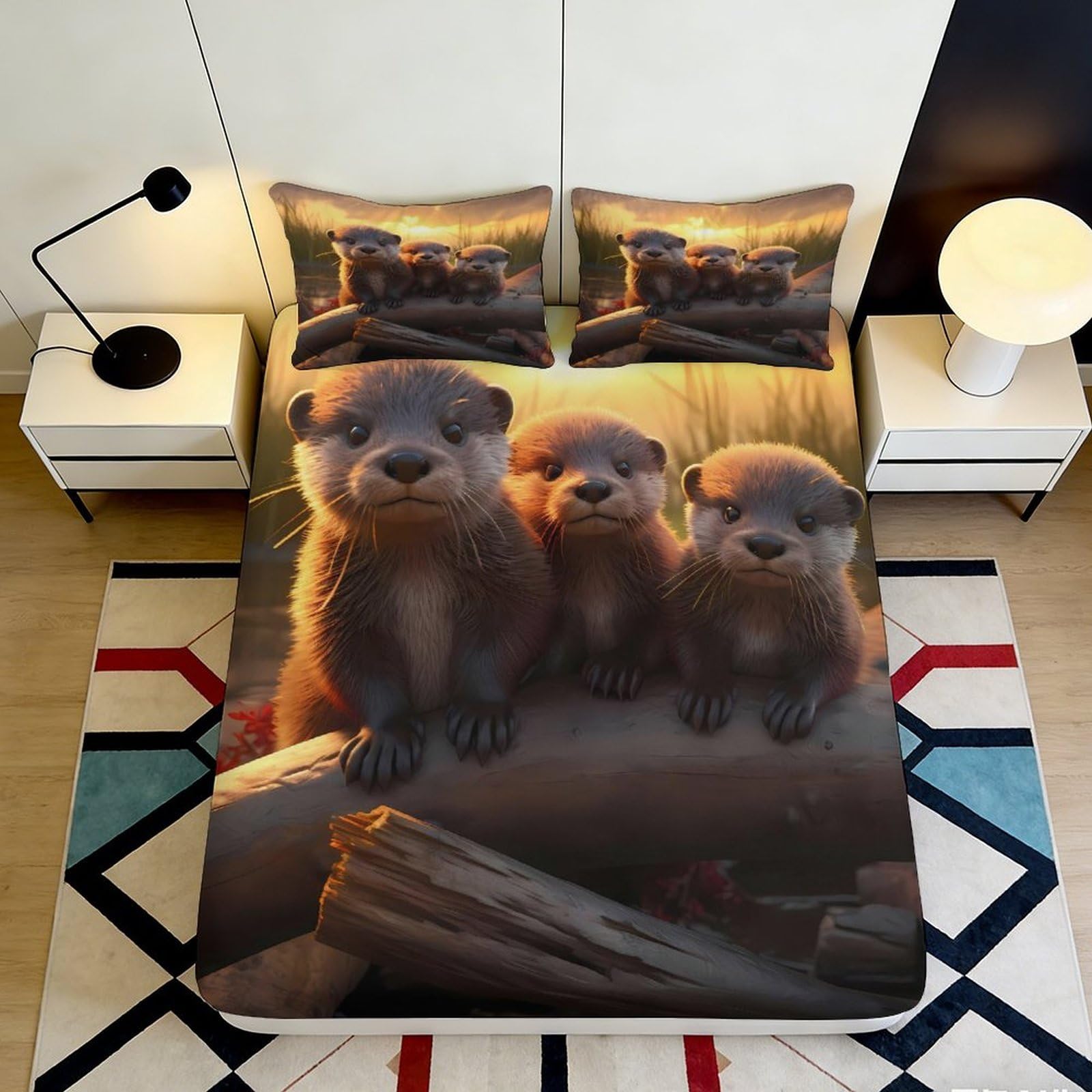 3D Printed Otter Family Fitted Sheet Microfiber Soft Brown Animal Forest Mattress Cover for Bedroom Guestroom Home Decor 90x200x25cm