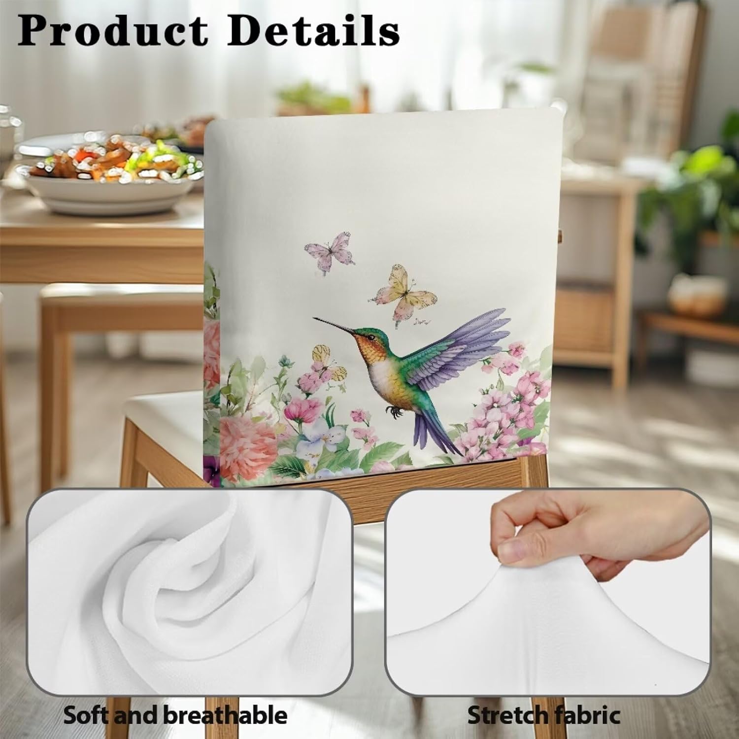 Hummingbird Floral Chair Back Covers for Dining Chairs Stretchable Slipcover Back Chair Protector Set of 6