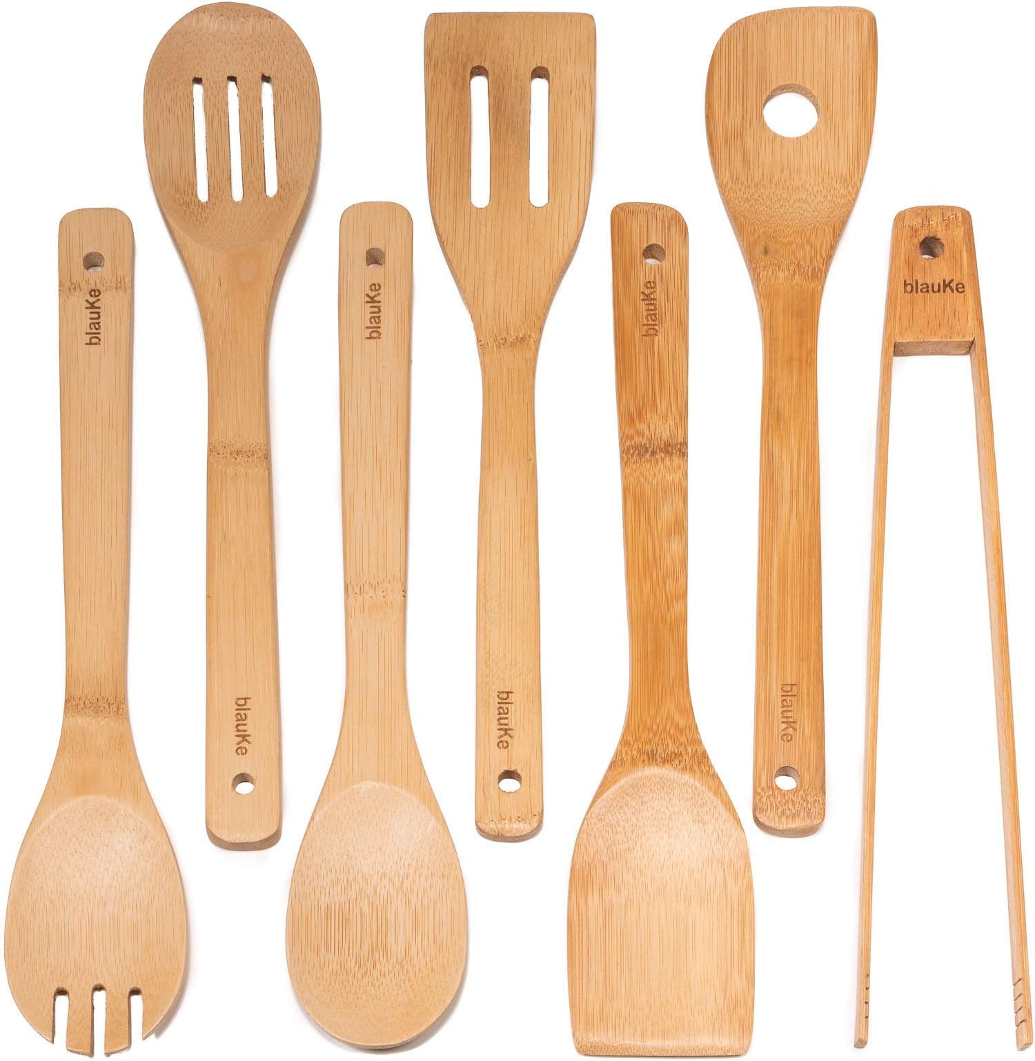 Wooden Spoons for Cooking 7-Pack โ Bamboo Kitchen Utensils Set for Nonstick Cookware - Wooden Cooking Utensils Set, Wood Spatula Spoon Tongs