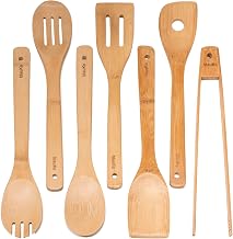 Bamboo Wood Kitchen Utensils - Set of 7 Anti-Scratch Accessories (Spoons, Spatulas, Tongs) - 100% Eco Friendly and Natural Bamboo Kitchen Utensils Set - BlauKe
