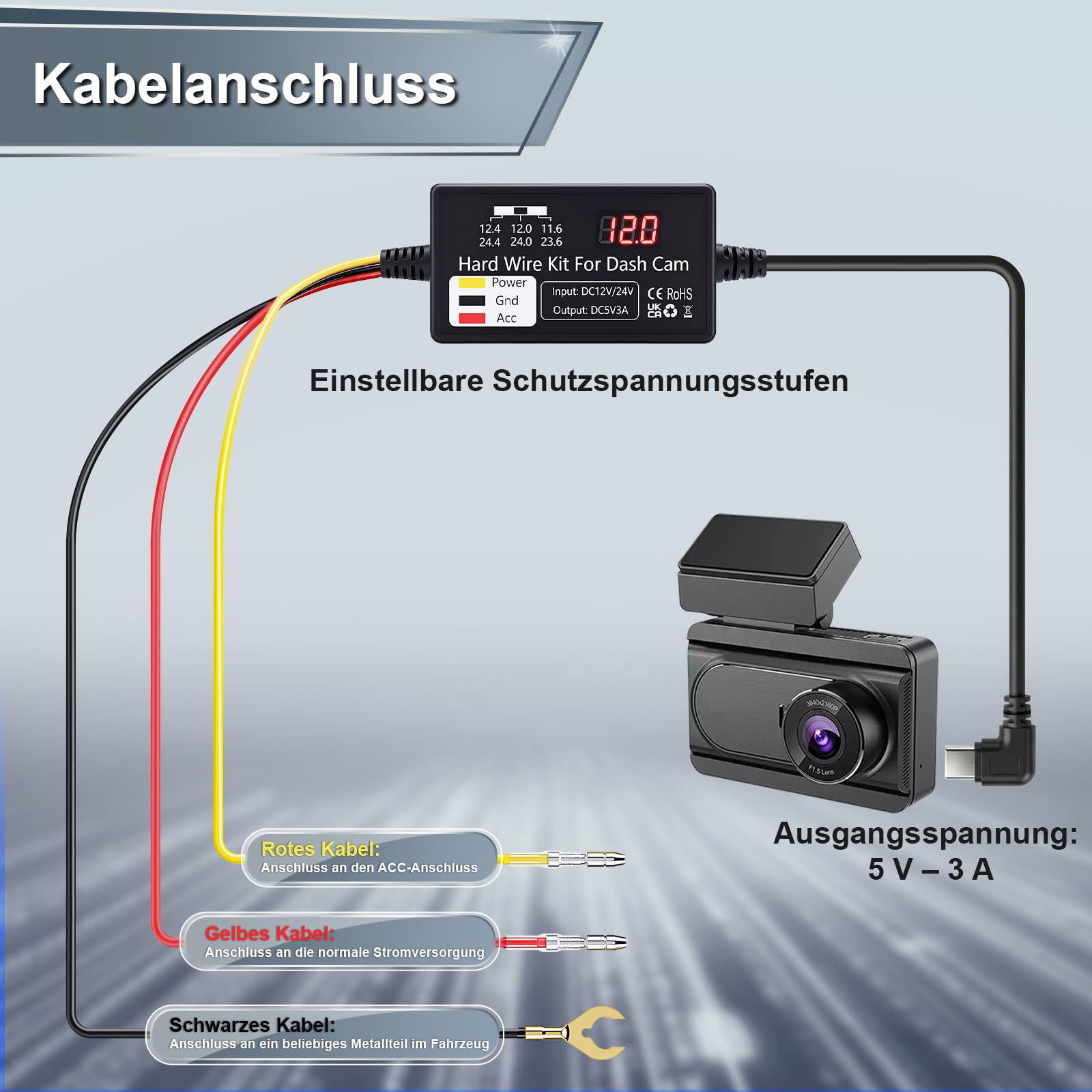 Valchoose Dashcam Hardwire Kit USB-C, 12V/24V auf 5V, 24 Std. Parkmodus, Niederspannungsschutz, Einfache Installation, hardwire kit dashcam, nur für EIN-Kanal USB-C Dashcams
