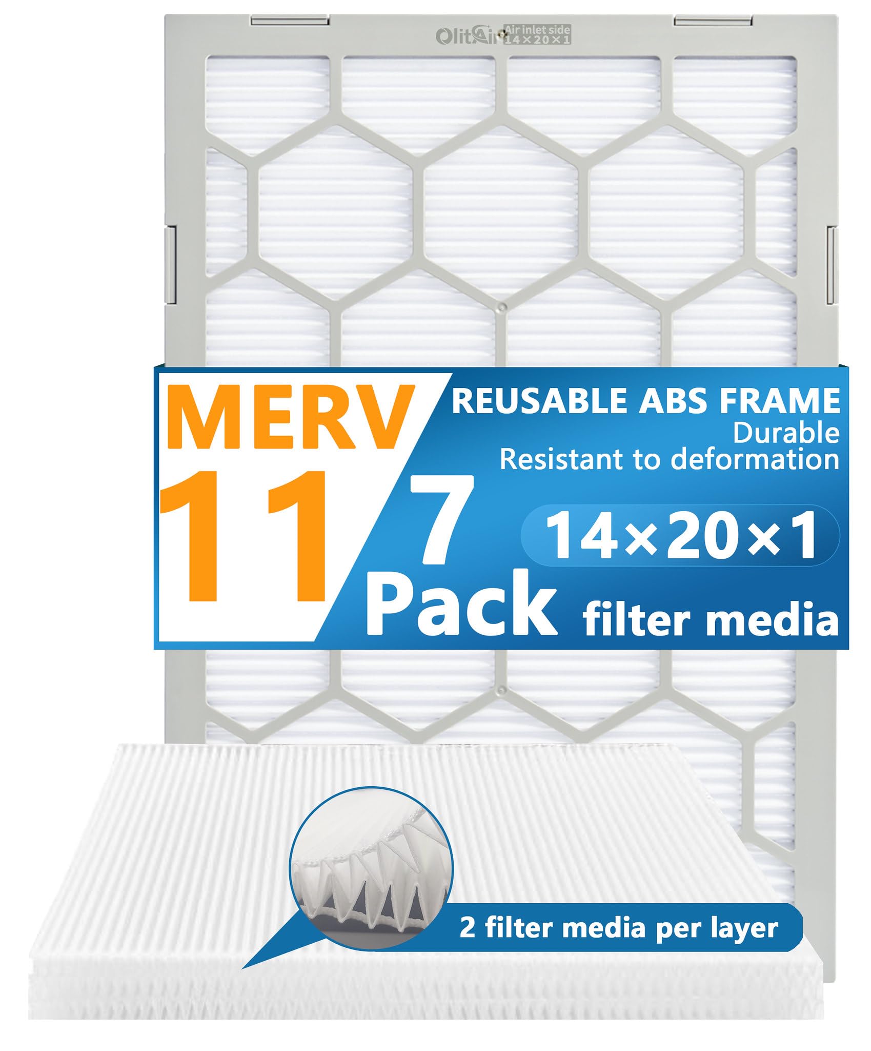 OlitAir 14x20x1 MERV 11 Air Filter,AC Furnace Air Filter,Reusable ABS Plastic Frame, 7 Pack Replaceable Filter Media (Actual Size: 13 3/4" x 19 3/4" x 3/4")