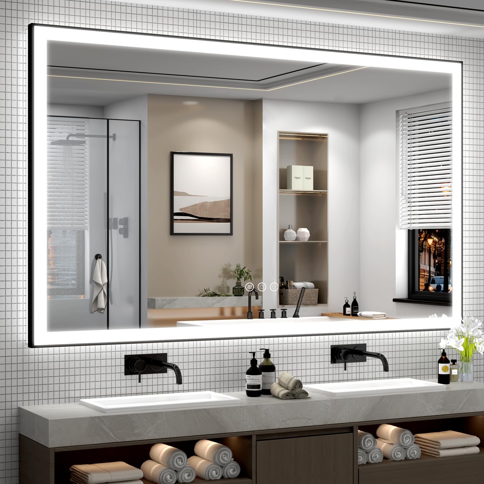 SMIROR 66 x 40 LED Lighted Bathroom Mirror for Wall, Matte Black Framed Vanity Mirrors, Front and Backlit, Dimmable, Anti-Fog, Memory, Shatterproof, ETL Listed (Horizontal/Vertical)