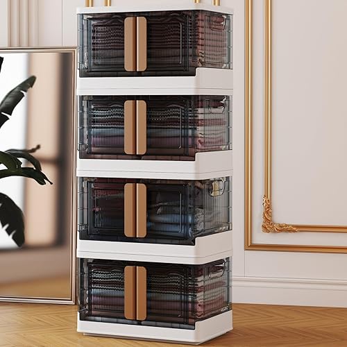 Storage Bins with Lids,Wheels-Large Plastic,4 Packs Folding Storage Box,34 Qt Stackable ,Grey Office Organization,White Dorm Room Essentials,Double Door File Cabinet