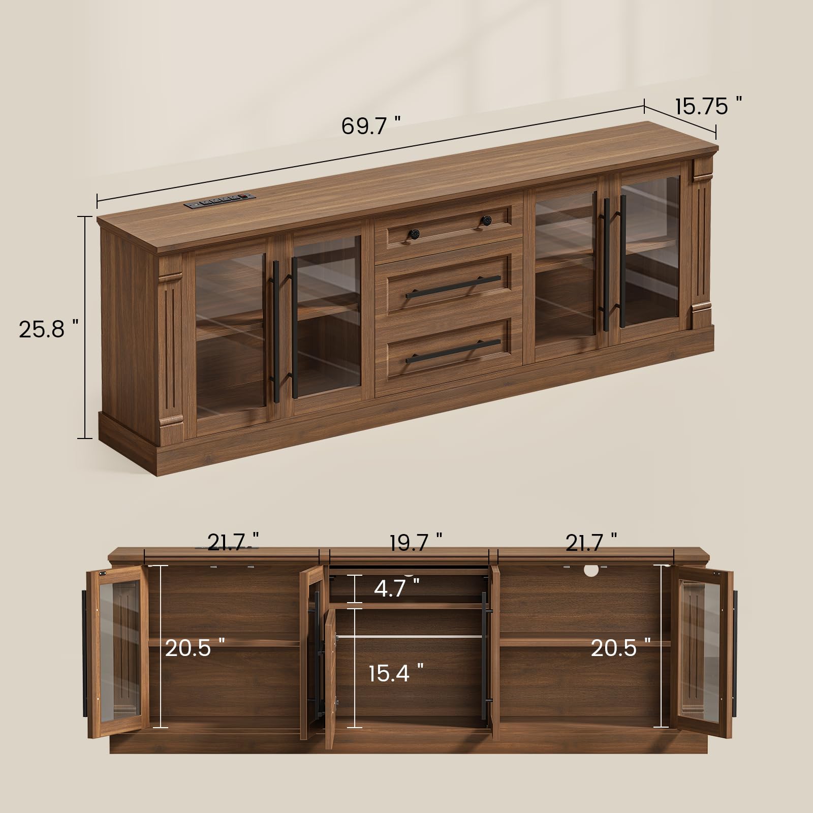 Condition photo showing New/Like New for itaar farmhouse tv stands for 80 inch tv with storage for living room | 3 storage cabinets, 1 drawer, living room & bedroom, wood media console (brown, 69.7 in)