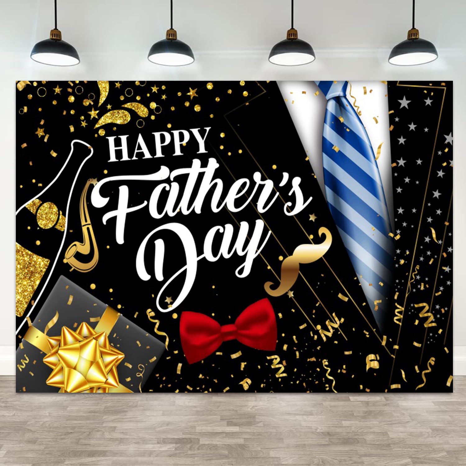 ASDCXZ 7x5ft Happy Father's Day Backdrop Tuxedo Tie Suit Photography Background Best Dad Party Black Gold Father's Day Family Events Banner
